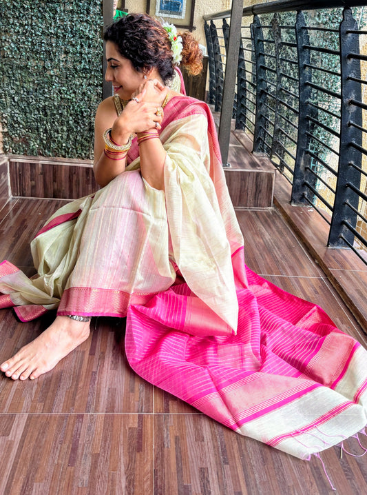Pista and Pink Maheshwari Saree ~ Rang collection I Handloom