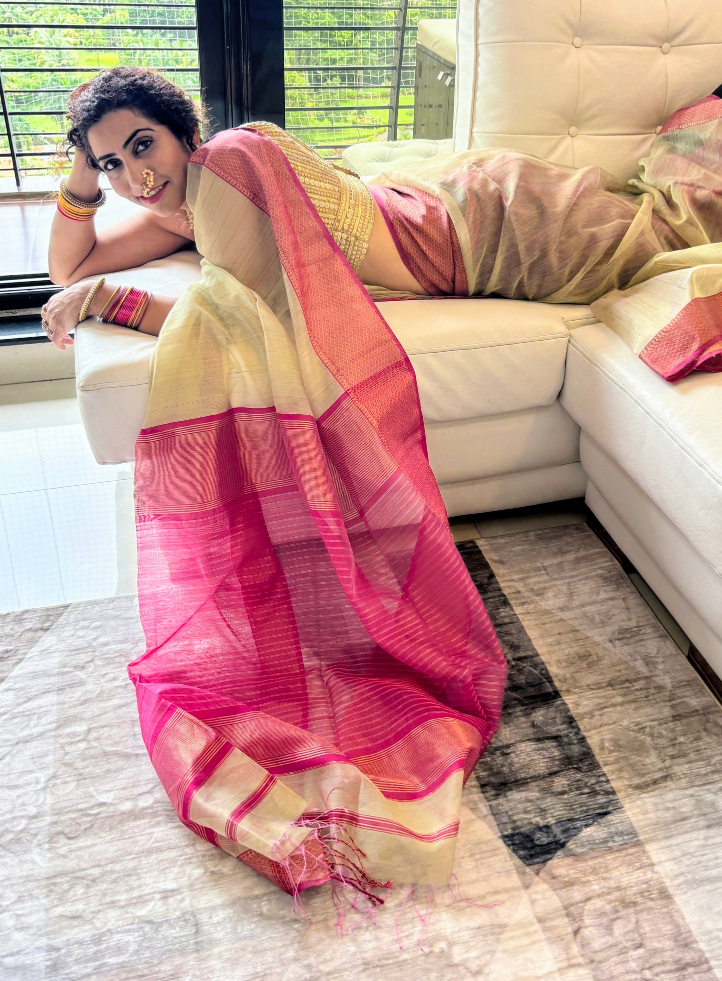 Pista and Pink Maheshwari Saree ~ Rang collection I Handloom