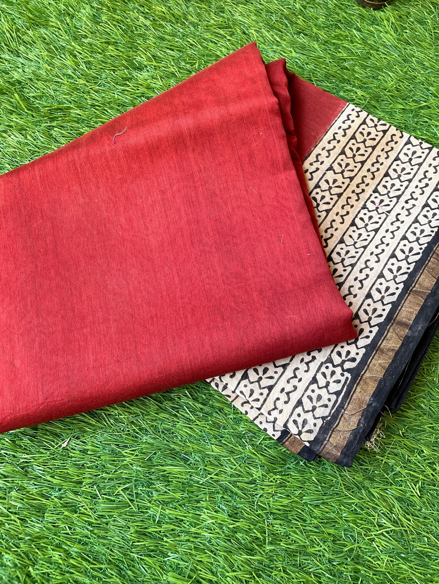 Red plain Chanderi Block print