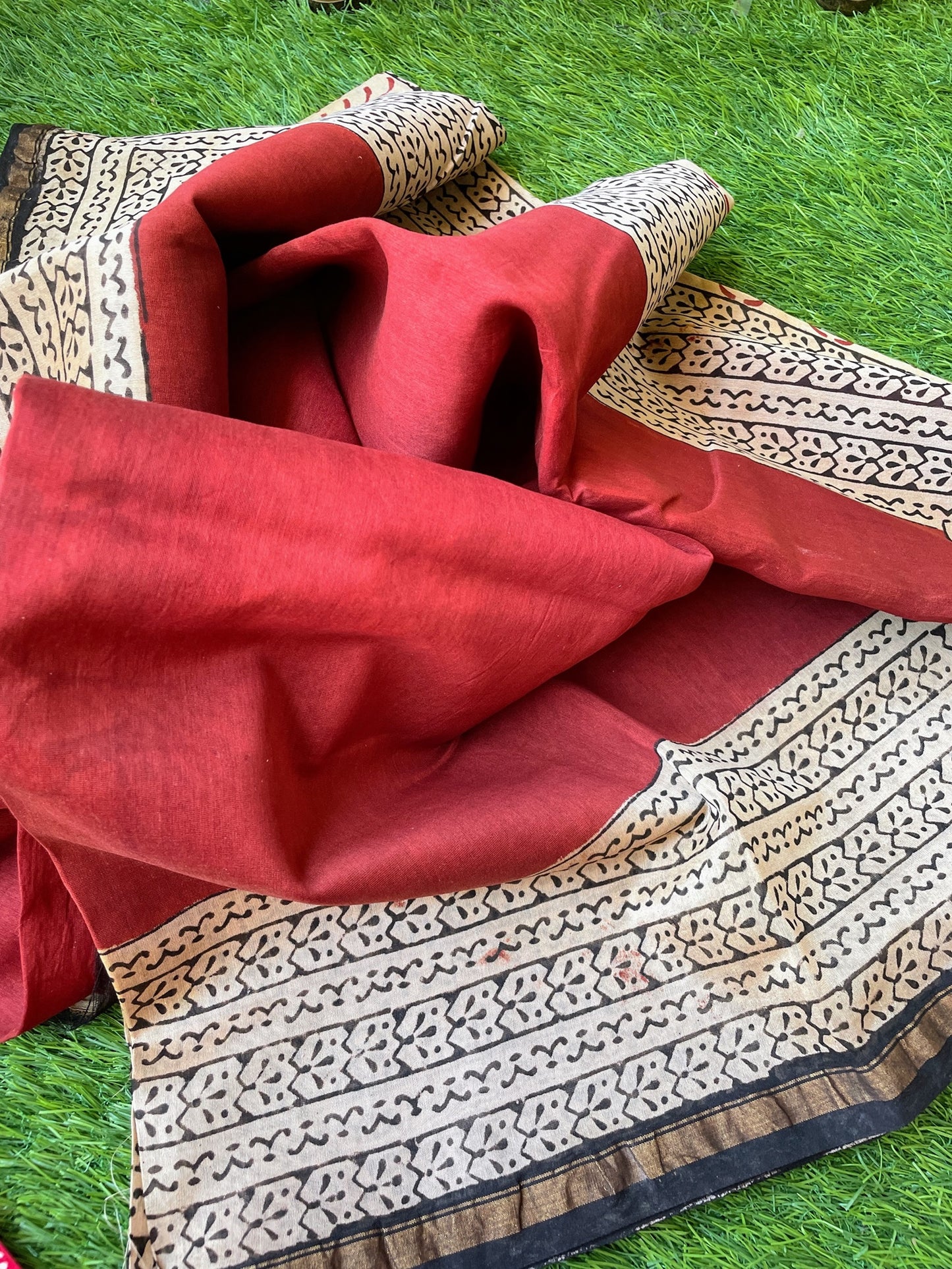 Red plain Chanderi Block print