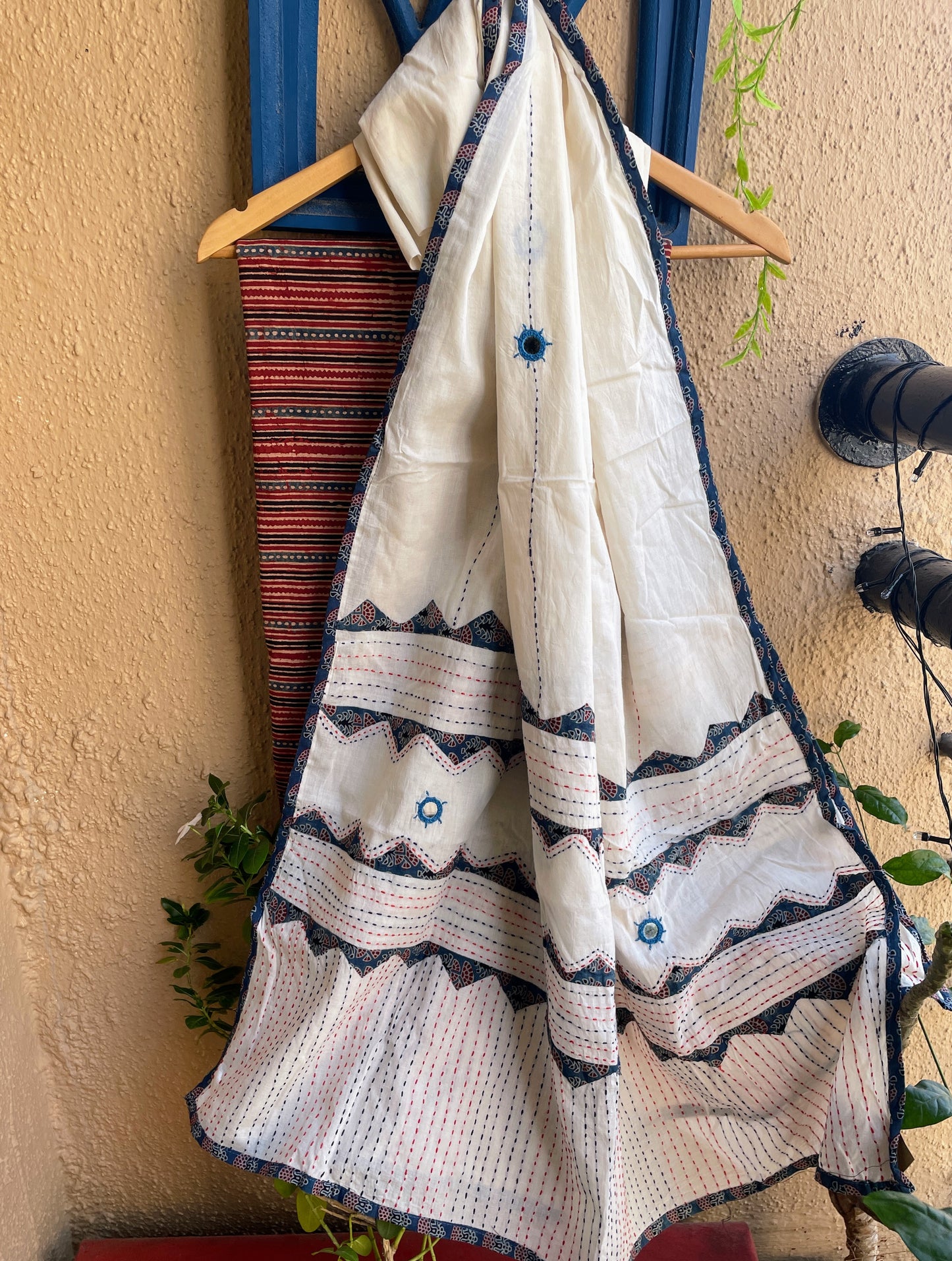 Rust Ajrakh with white Applique Dupatta set