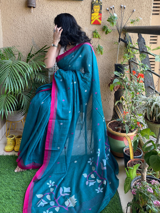 Teal Blue Jamdani cotton saree