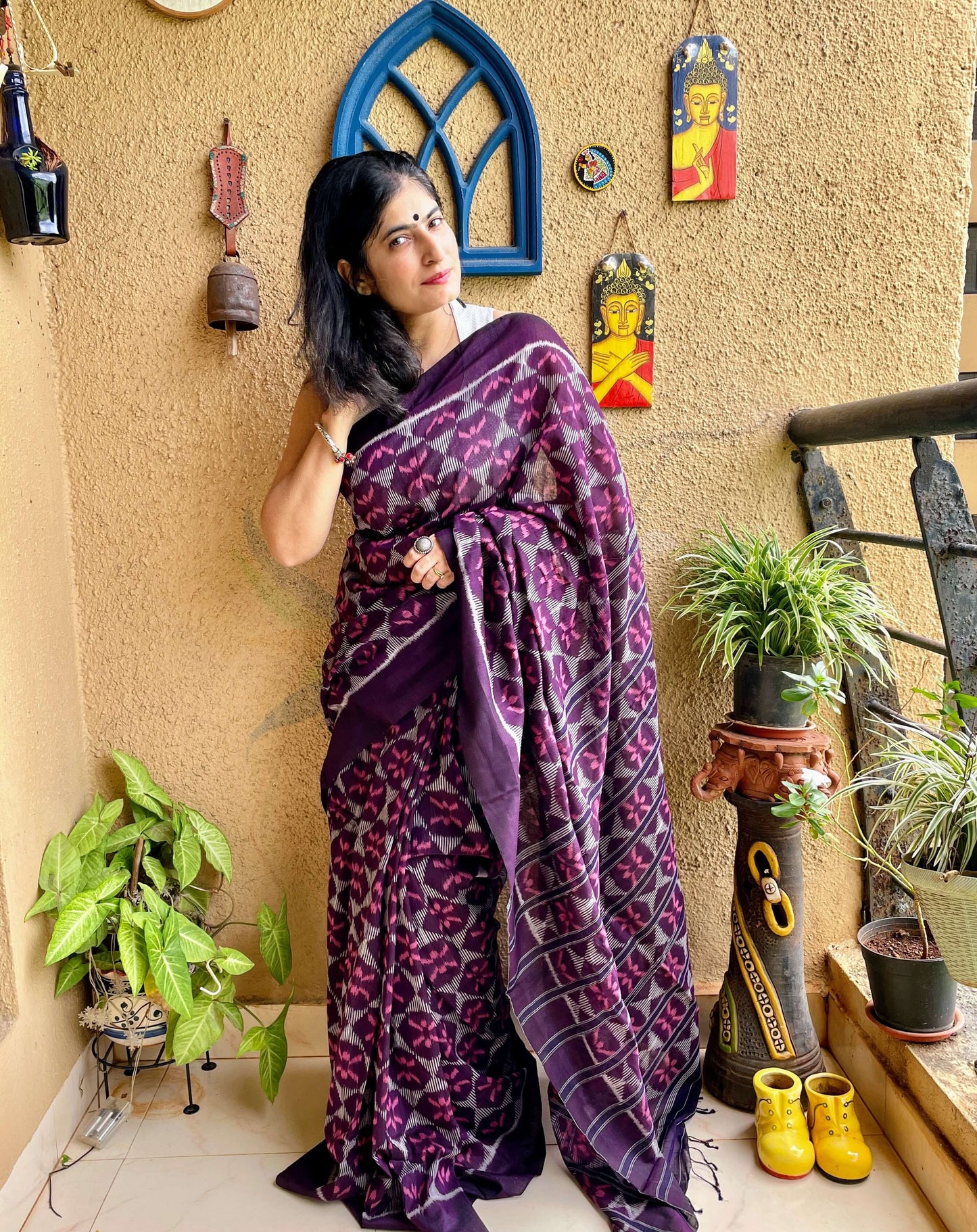 Wine Bandha Ikat Silk Cotton Saree