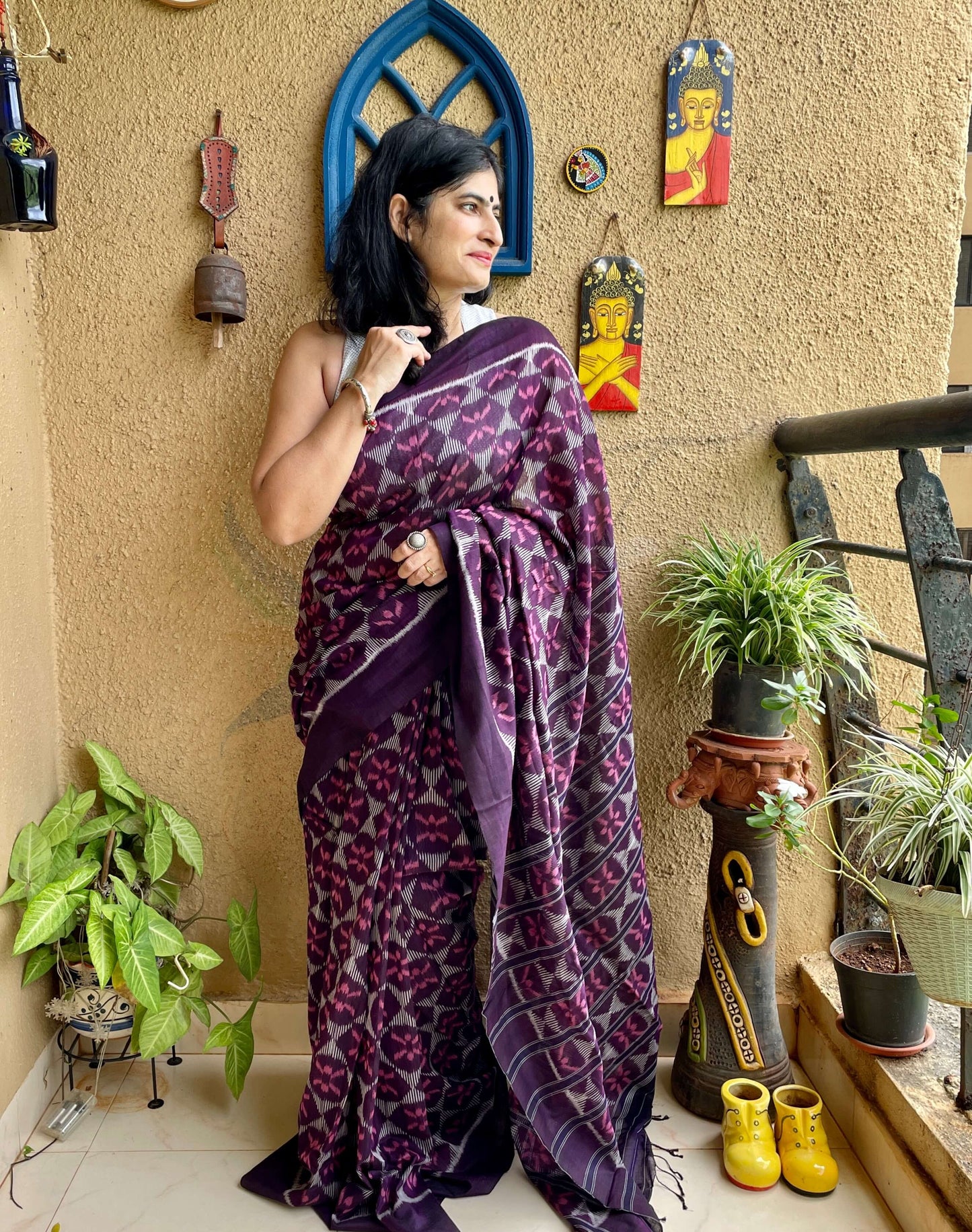 Wine Bandha Ikat Silk Cotton Saree