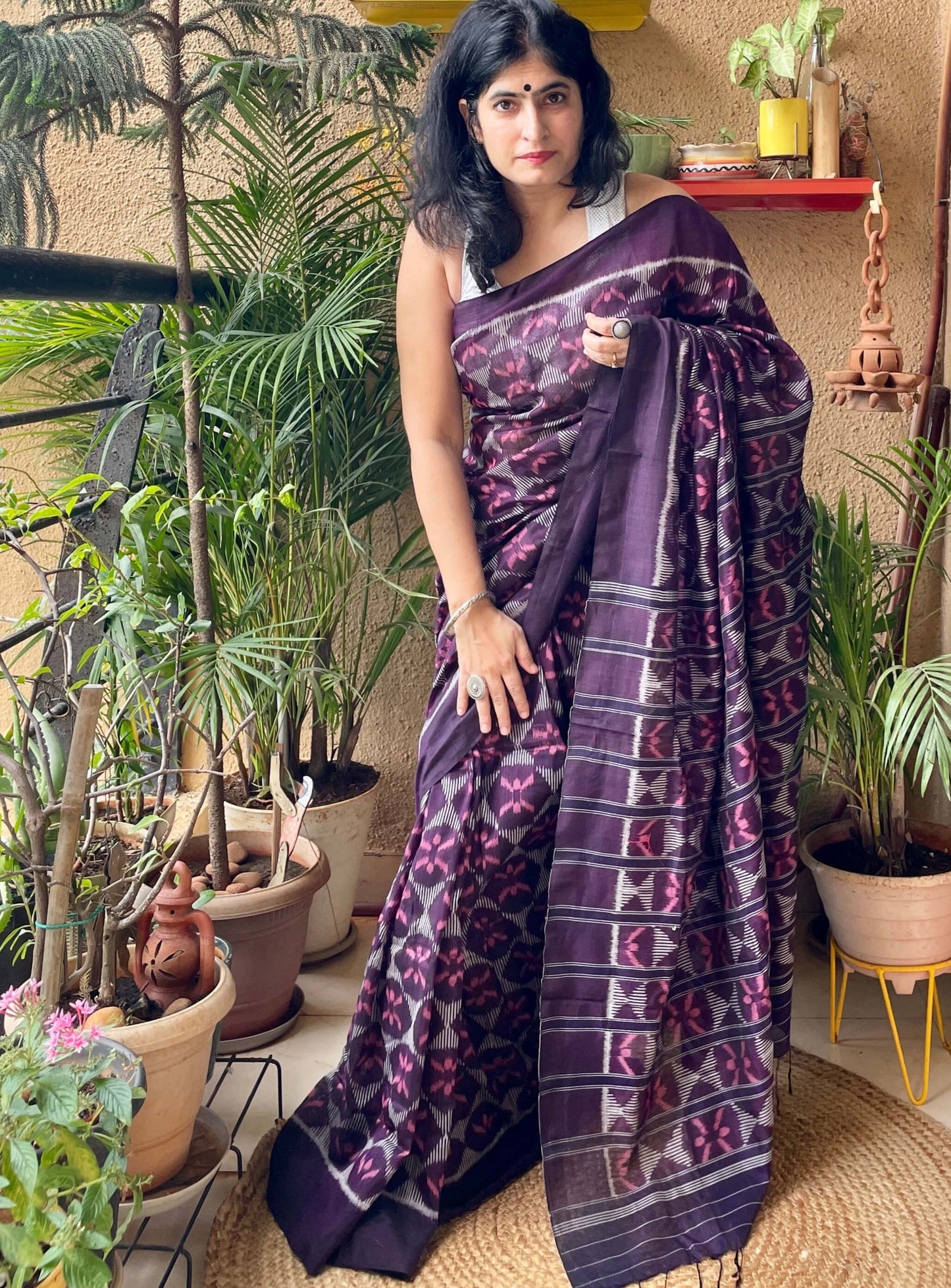 Wine Bandha Ikat Silk Cotton Saree