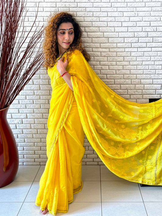 yellow chikankari chanderi saree by forsarees 