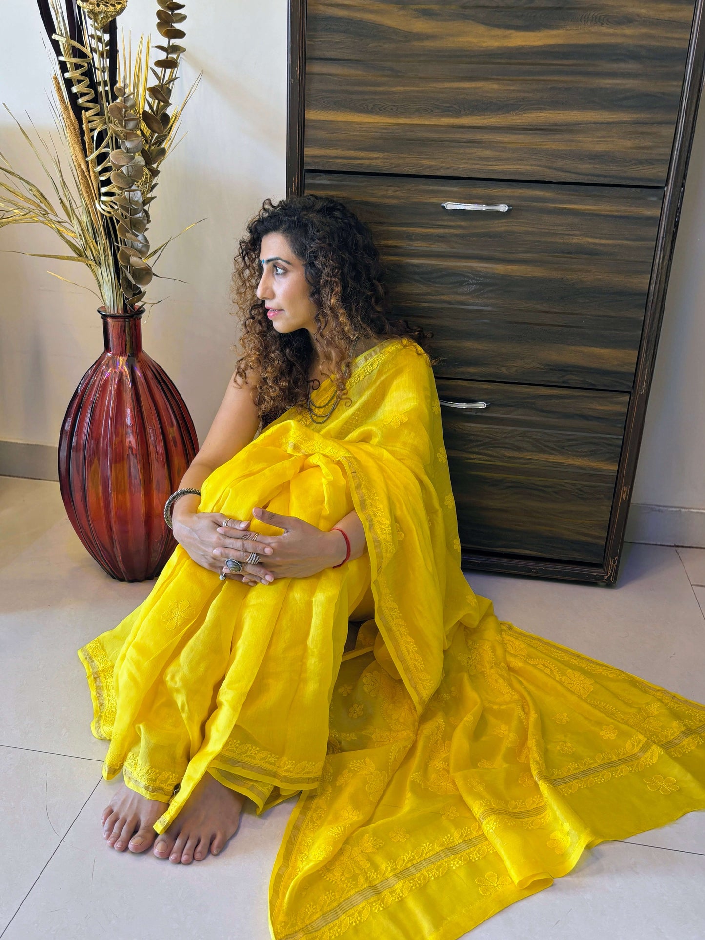 Sunshine Yellow chikankari Saree I Handcrafted
