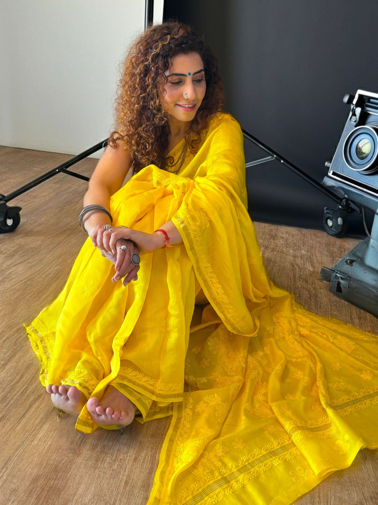 Sunshine Yellow chikankari Saree I Handcrafted