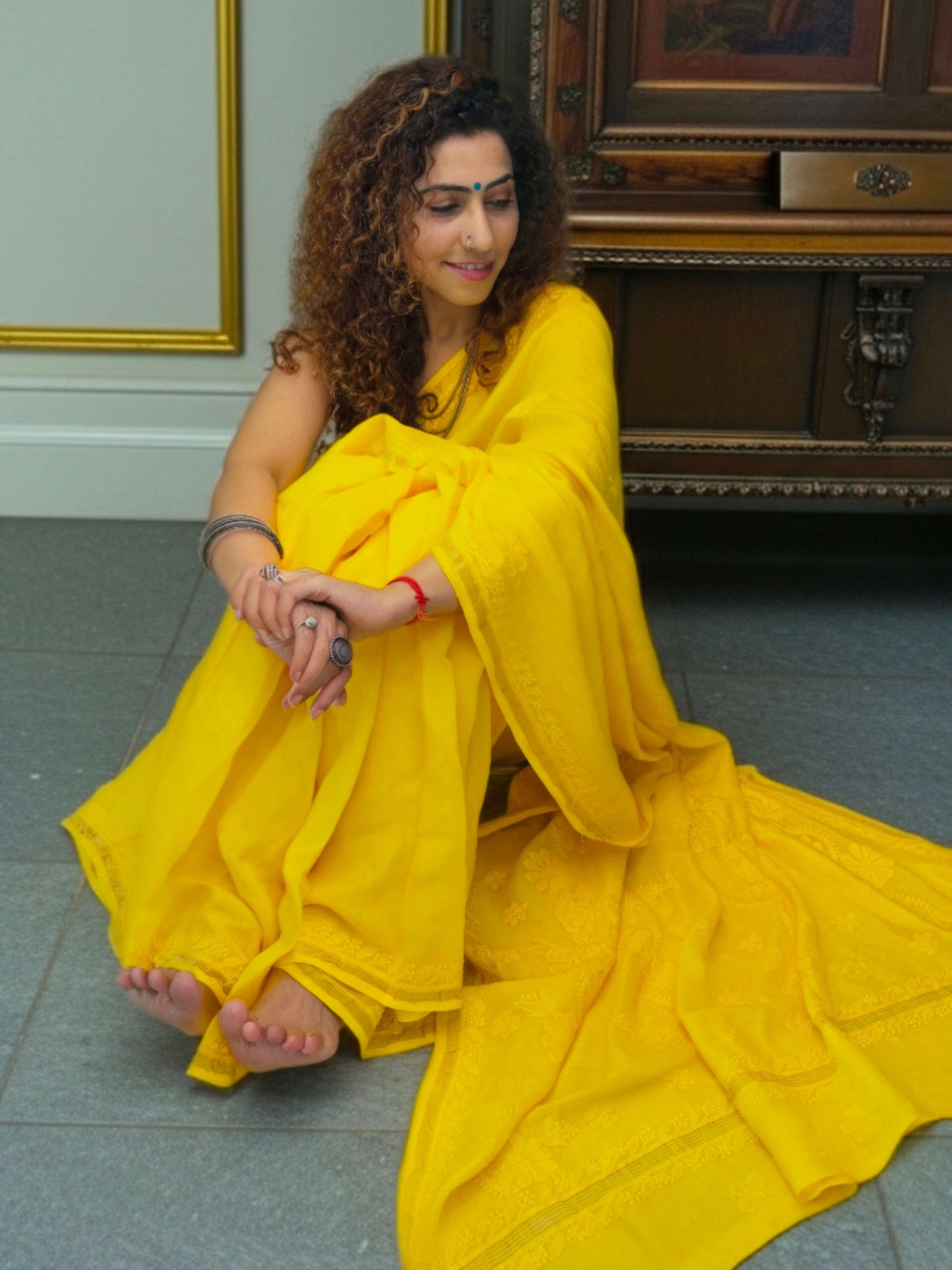 Sunshine Yellow chikankari Saree I Handcrafted