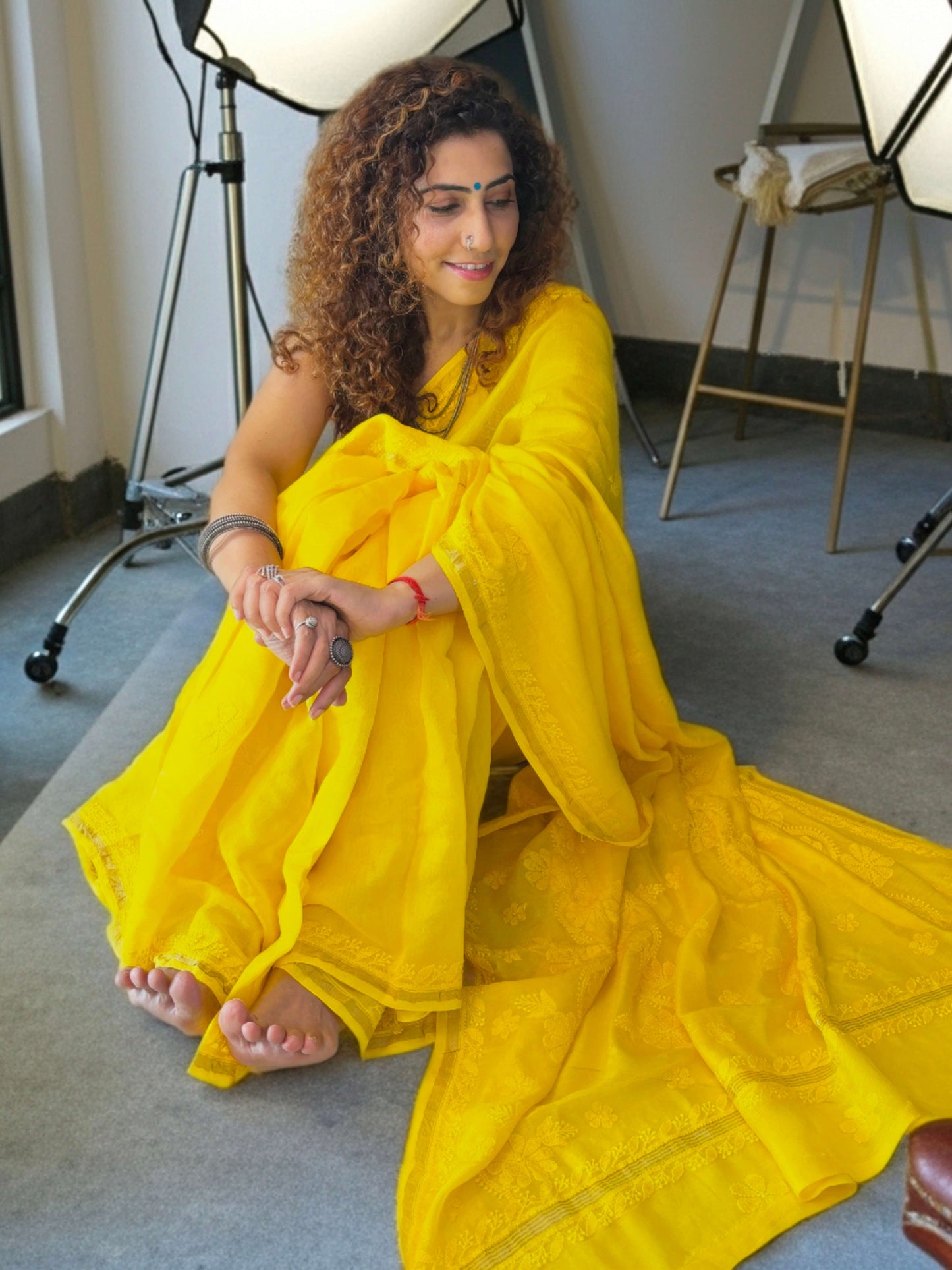 Sunshine Yellow chikankari Saree I Handcrafted