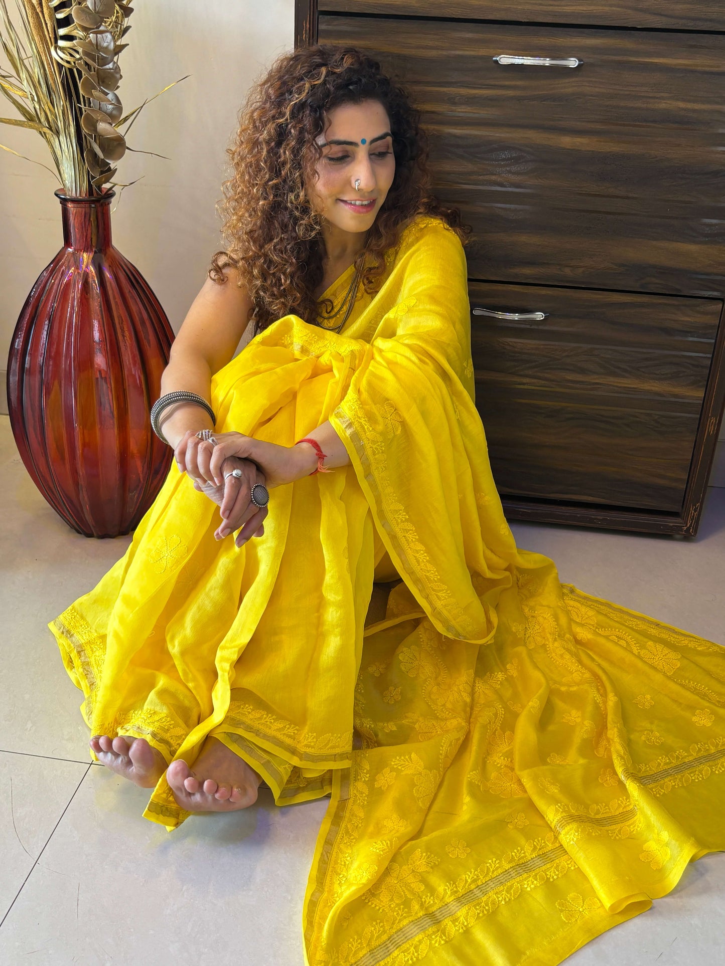 Sunshine Yellow chikankari Saree I Handcrafted