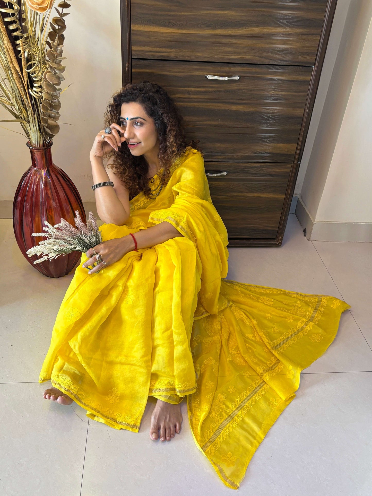 Sunshine Yellow chikankari Saree I Handcrafted