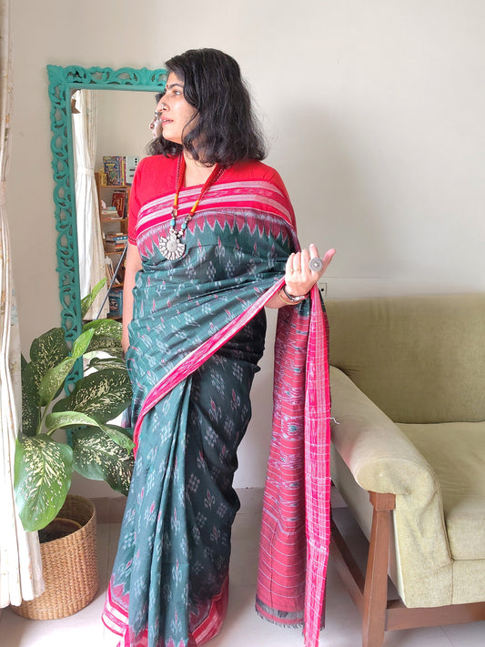 Green Bandha Ikat Cotton Saree