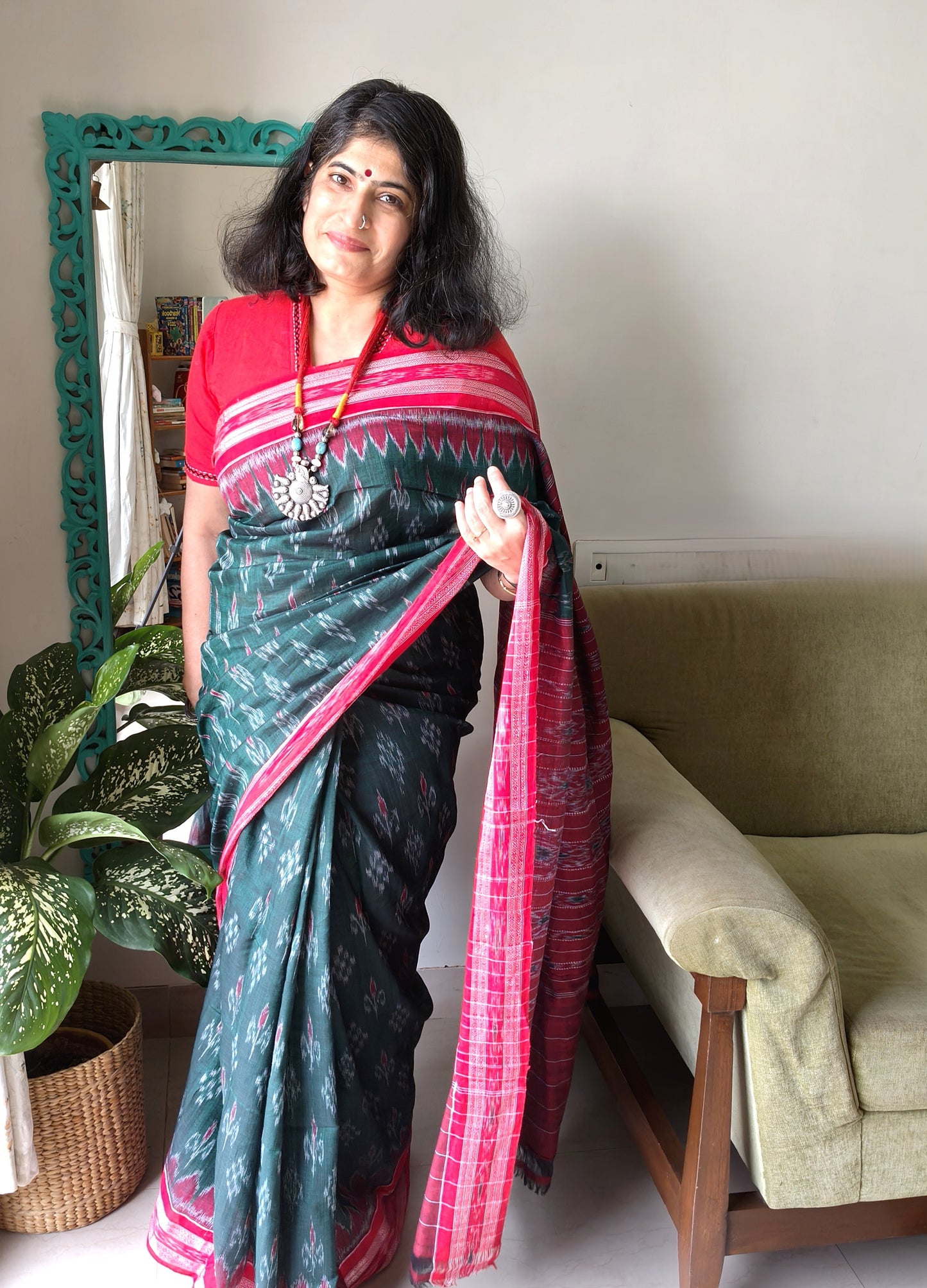 Green Bandha Ikat Cotton Saree