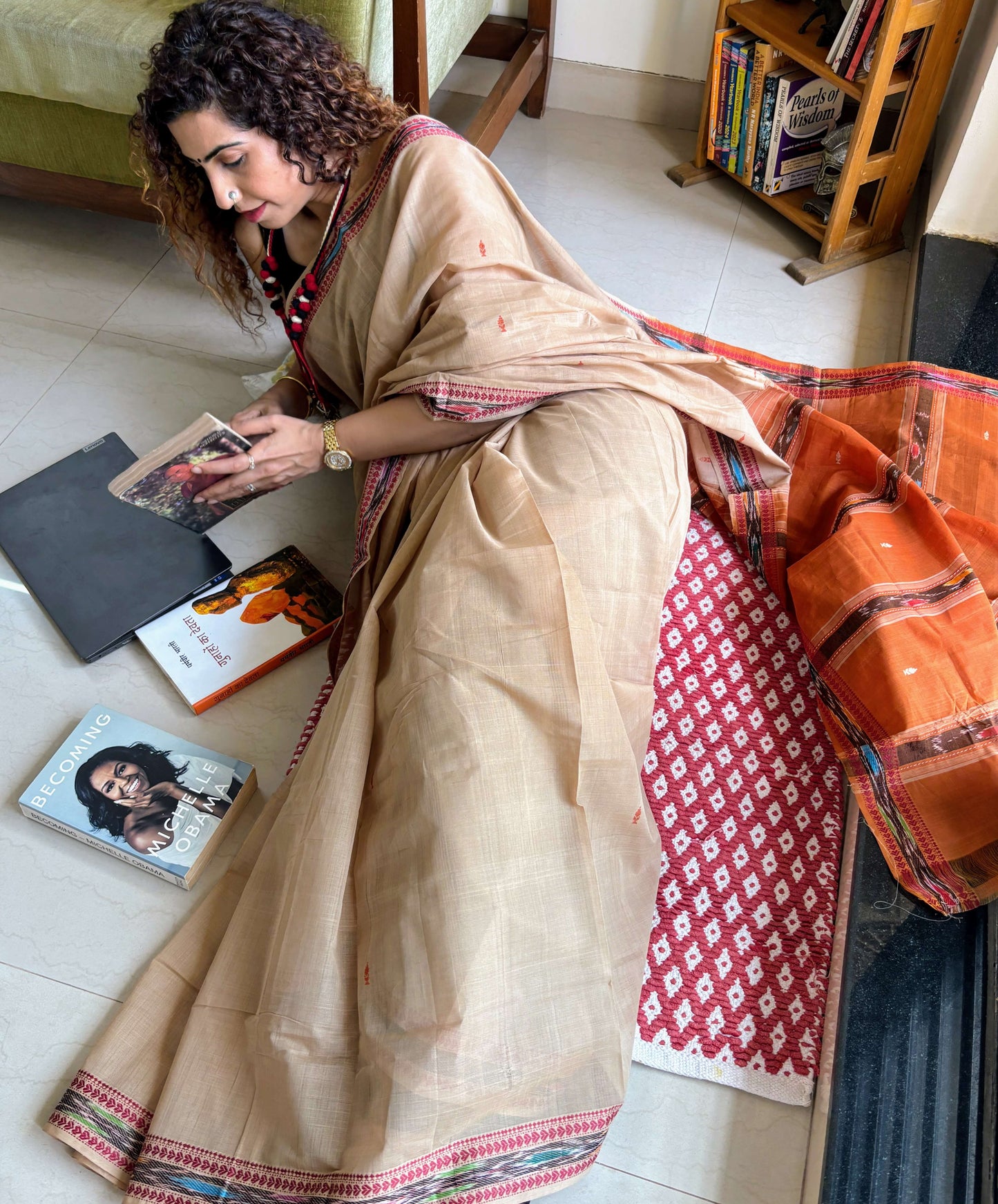 Beige Dobby ikkat cotton Saree