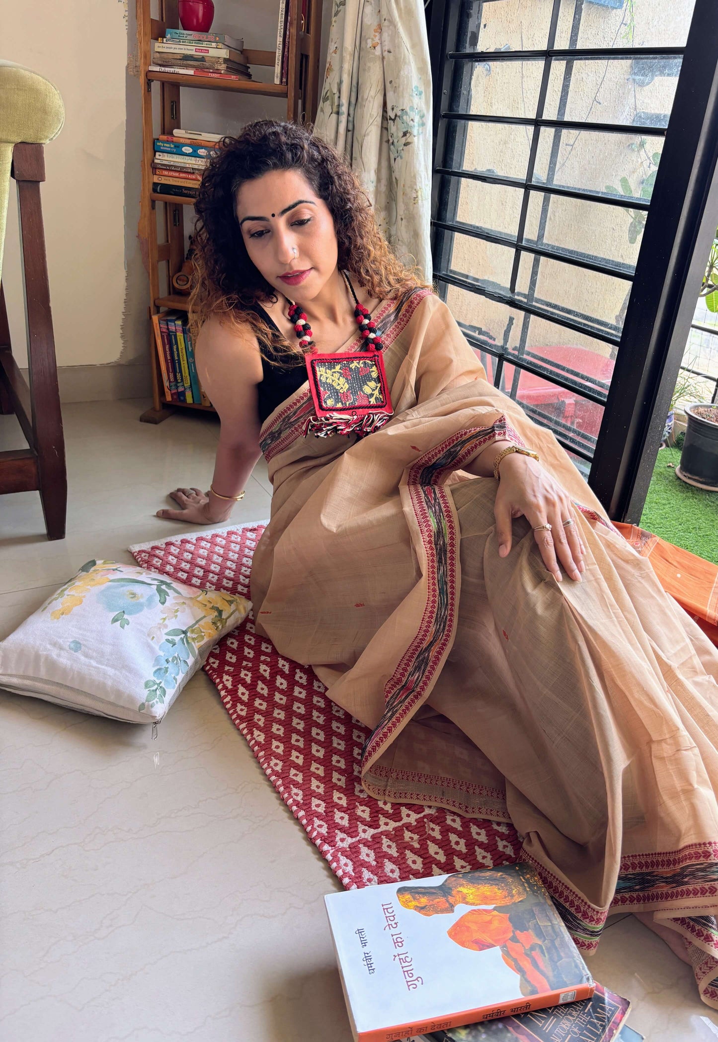 Beige Dobby ikkat cotton Saree