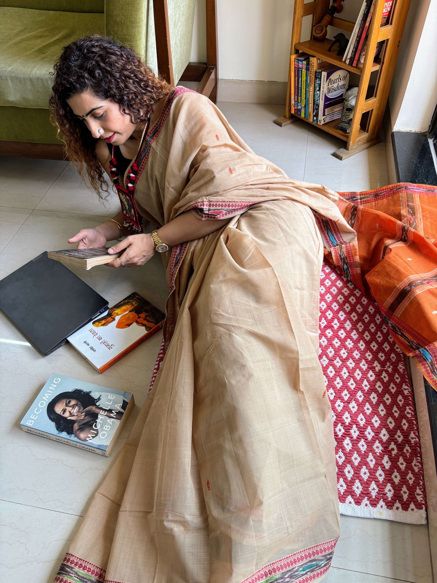 Beige Dobby ikkat cotton Saree
