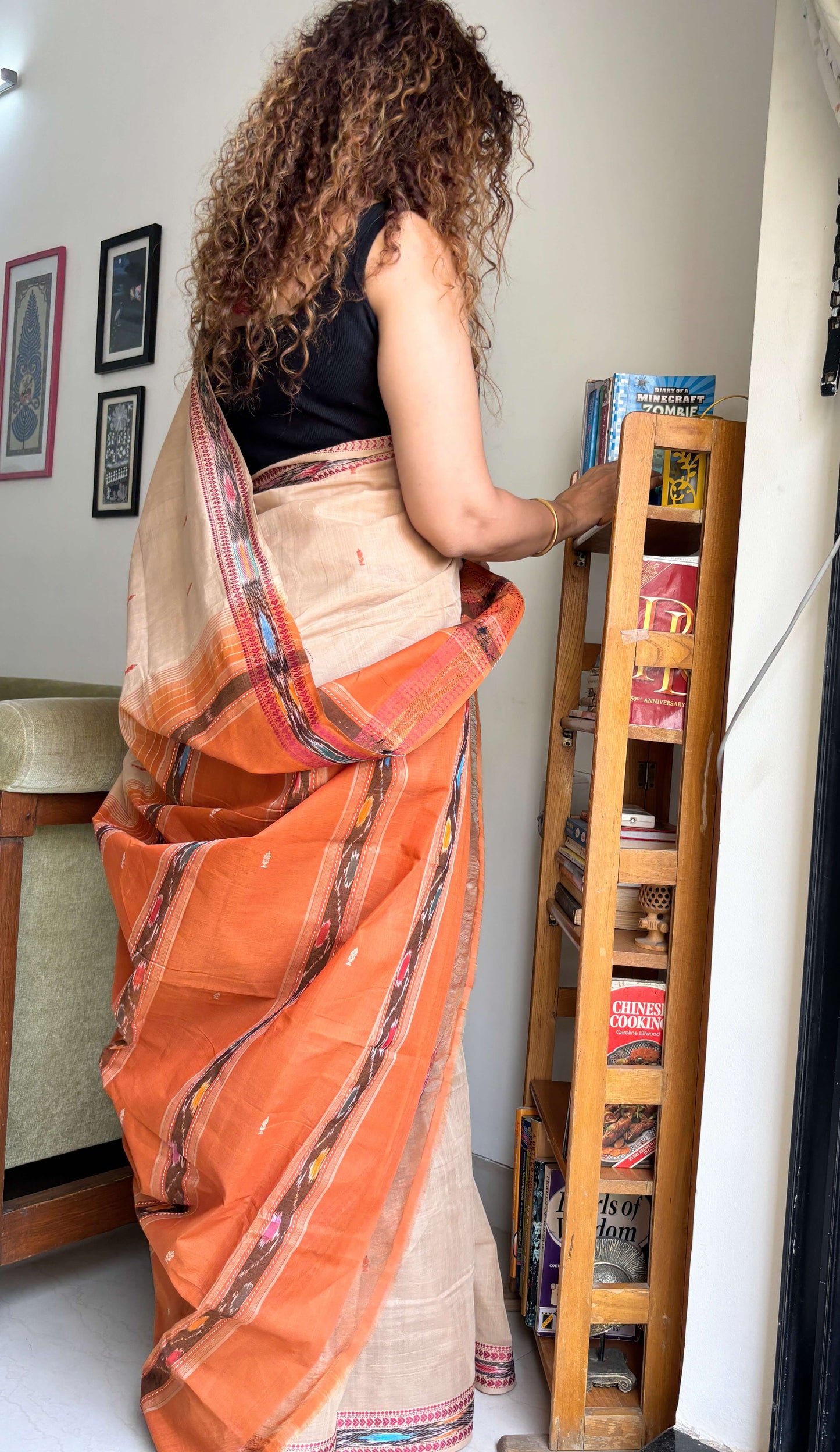 Beige Dobby ikkat cotton Saree