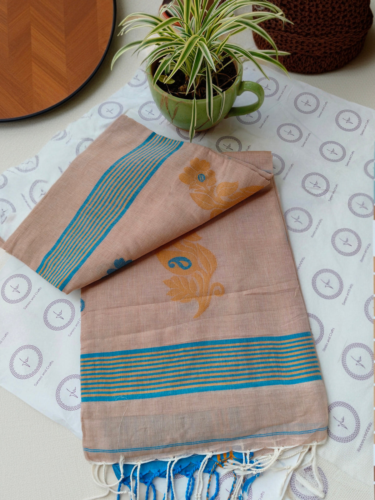 Biscuit brown- Cotton Tangail Saree I Handloom