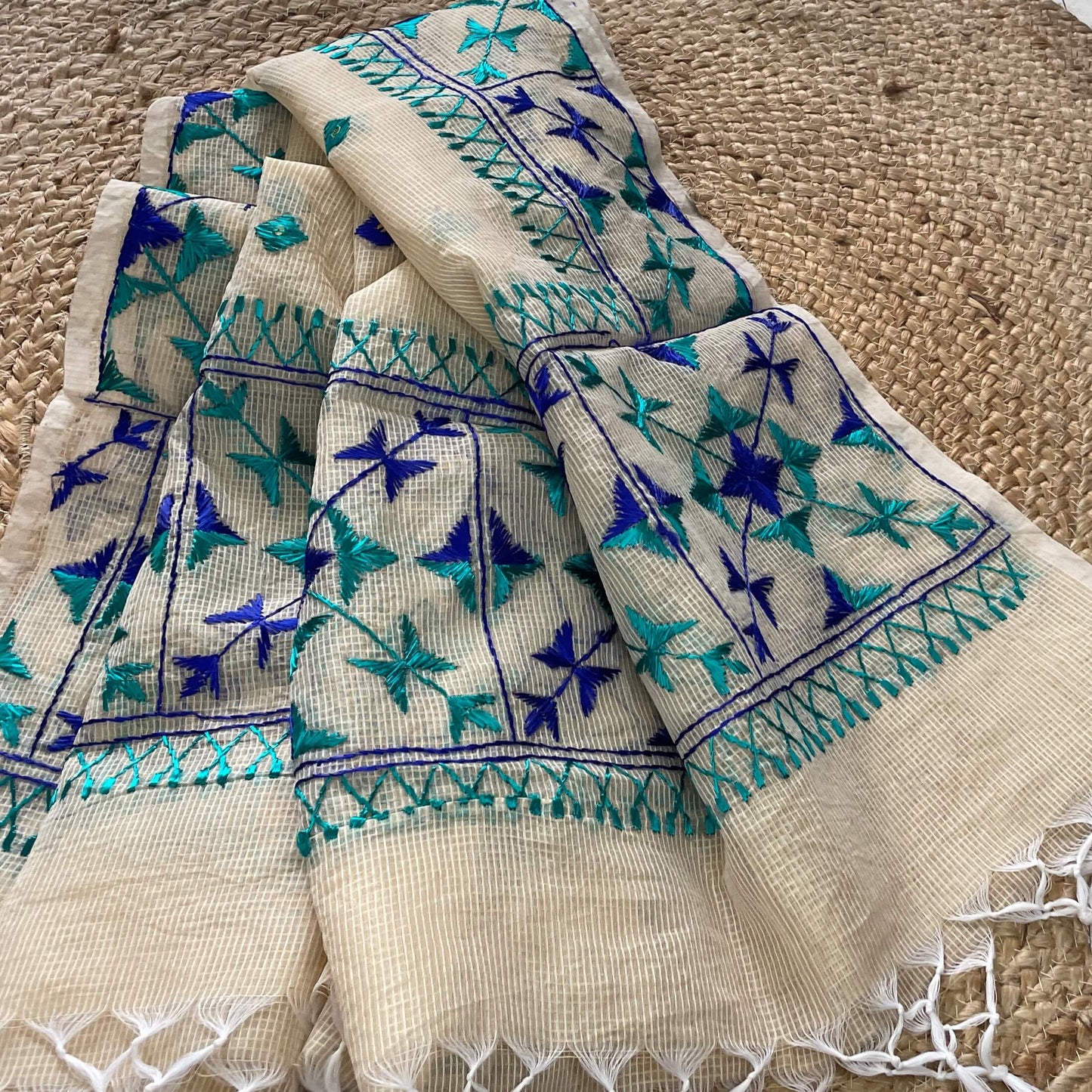 cream blue Phulkari embroidery Dupatta