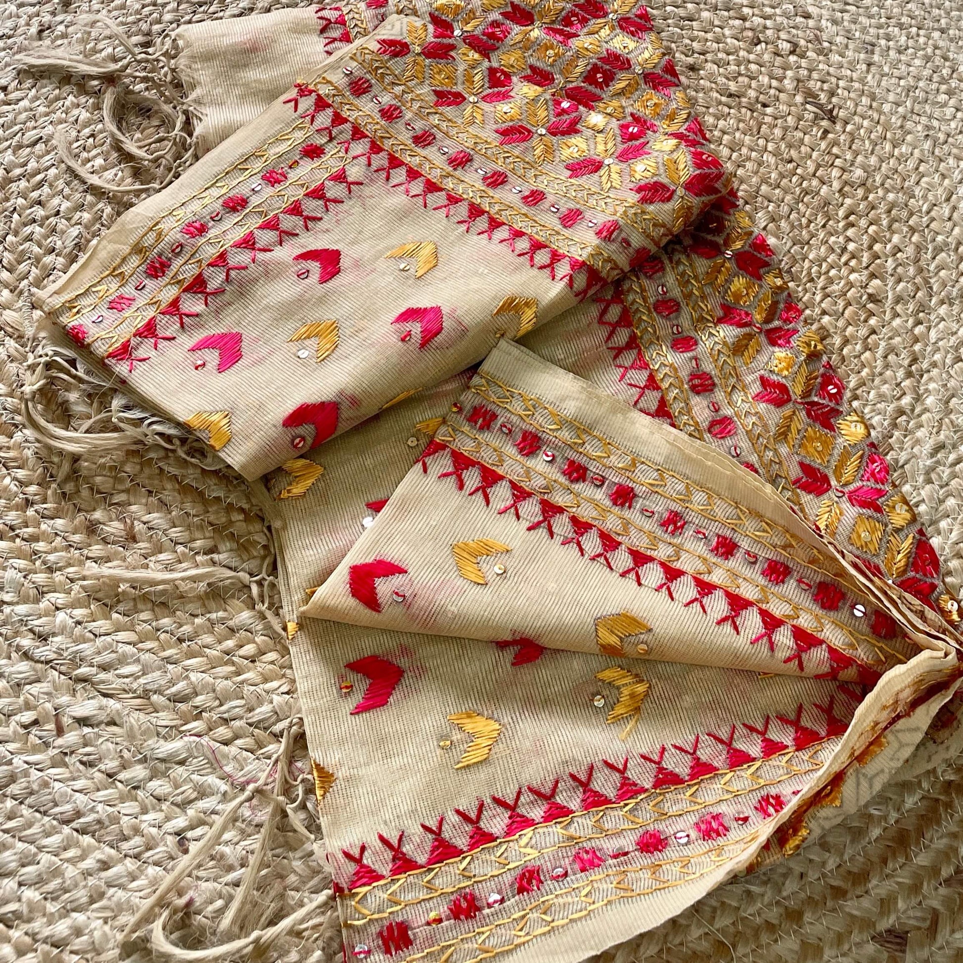 ige red yellow phulkari from punjab handcrafted embroidery