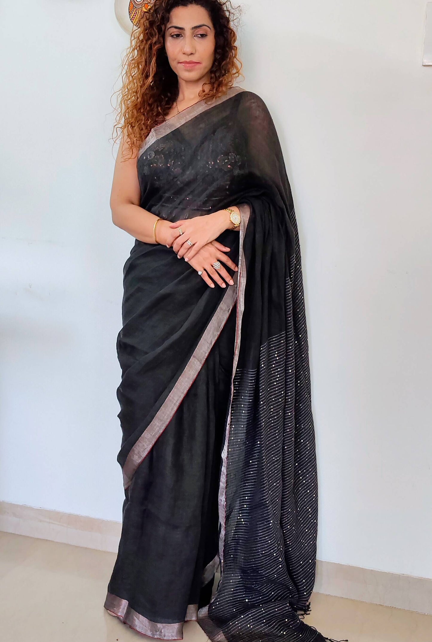 Black Linen Saree with sequence