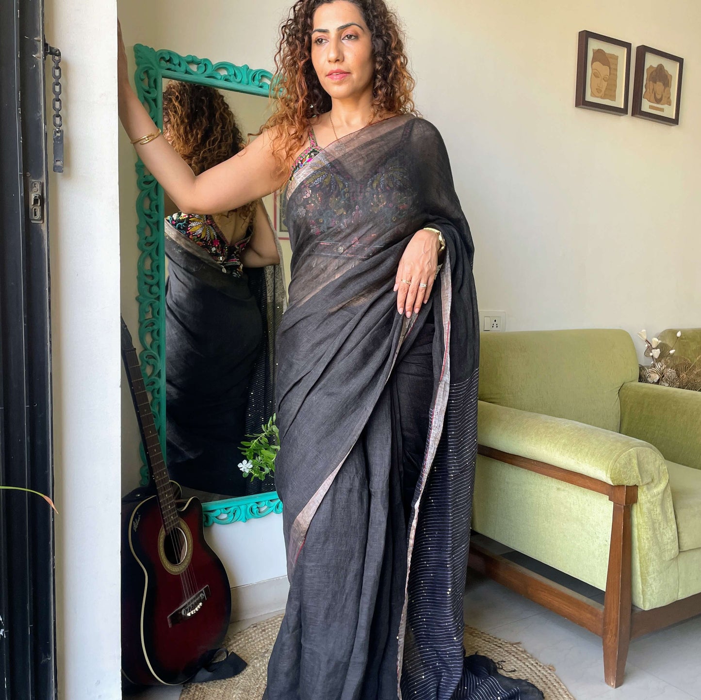 Black Linen Saree with sequence