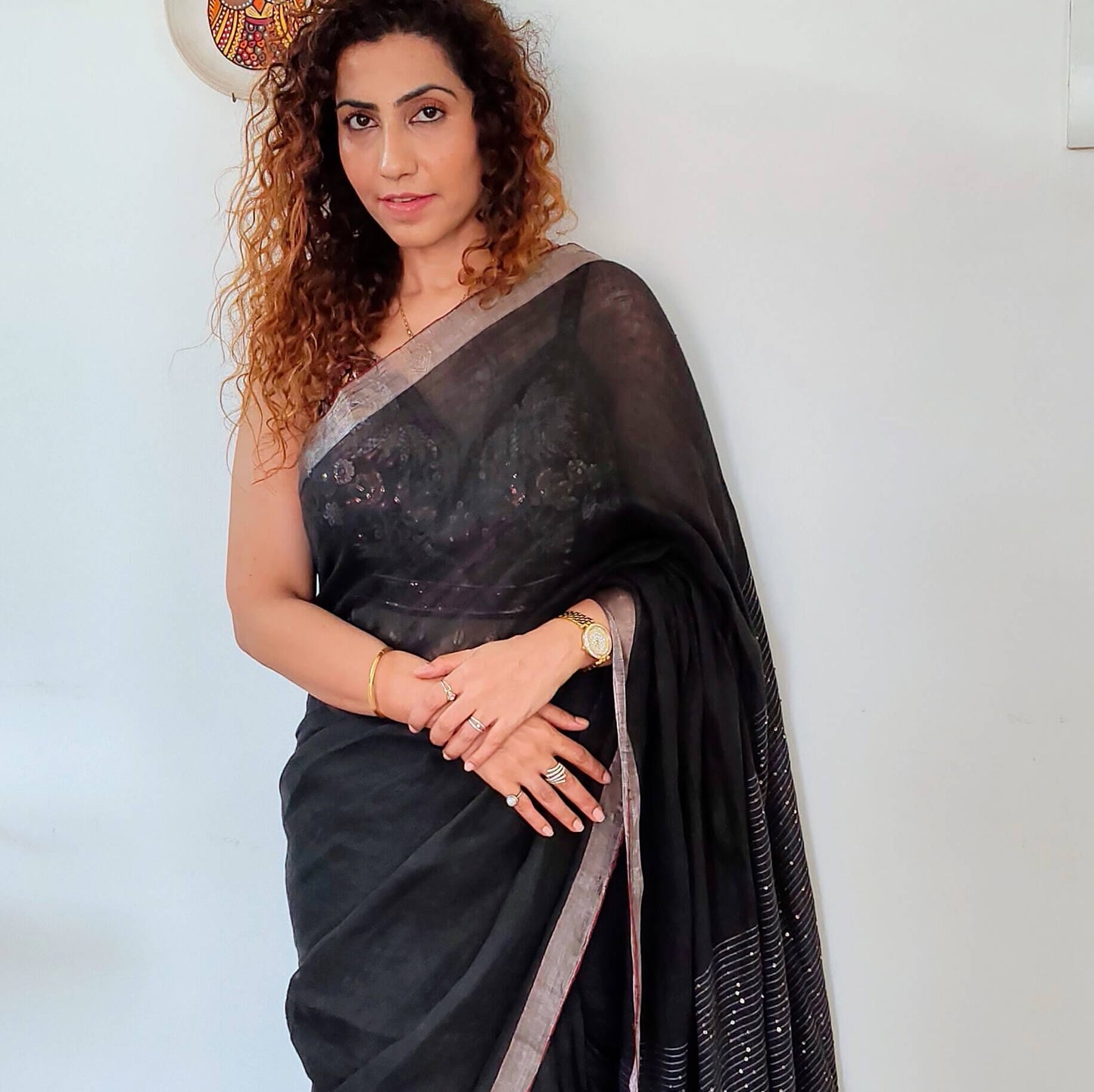 Black Linen Saree with sequence