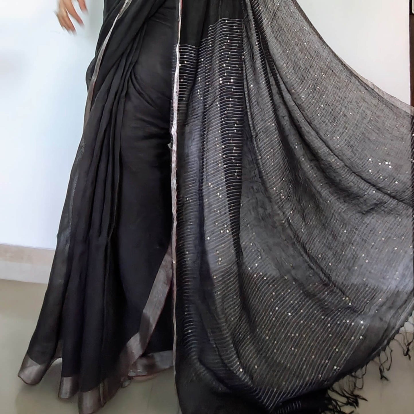 Black Linen Saree with sequence