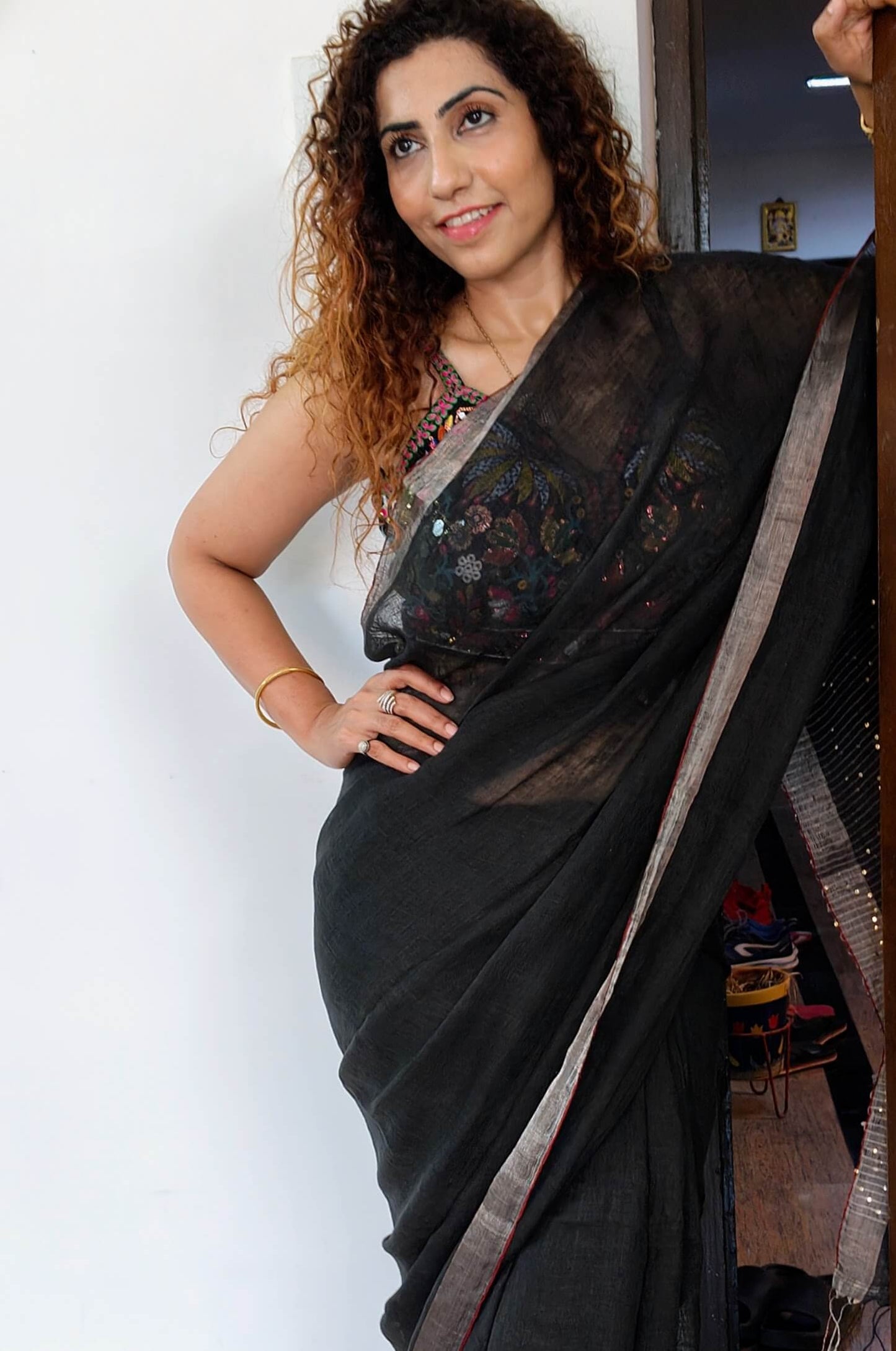 Black Linen Saree with sequence