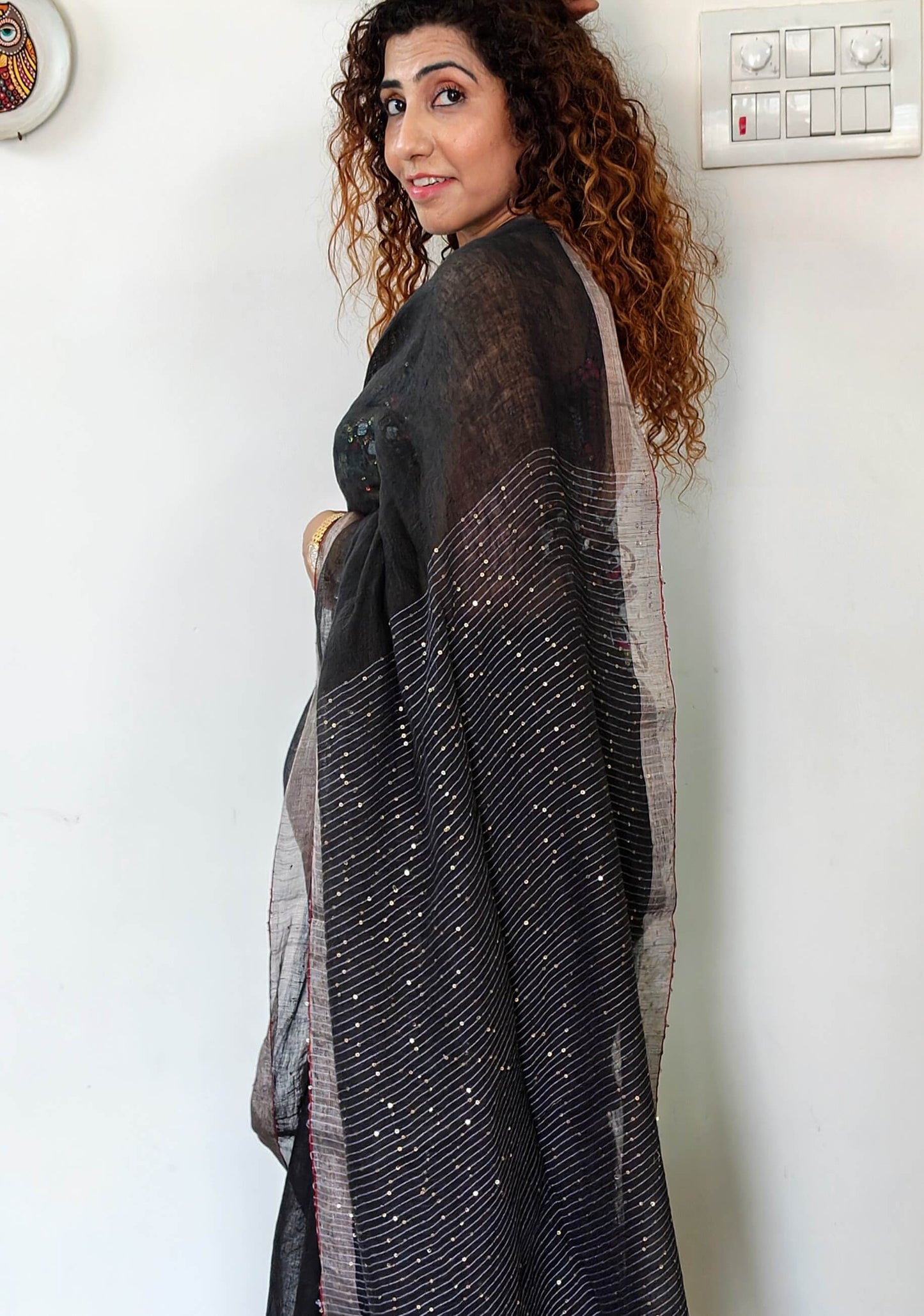 Black Linen Saree with sequence