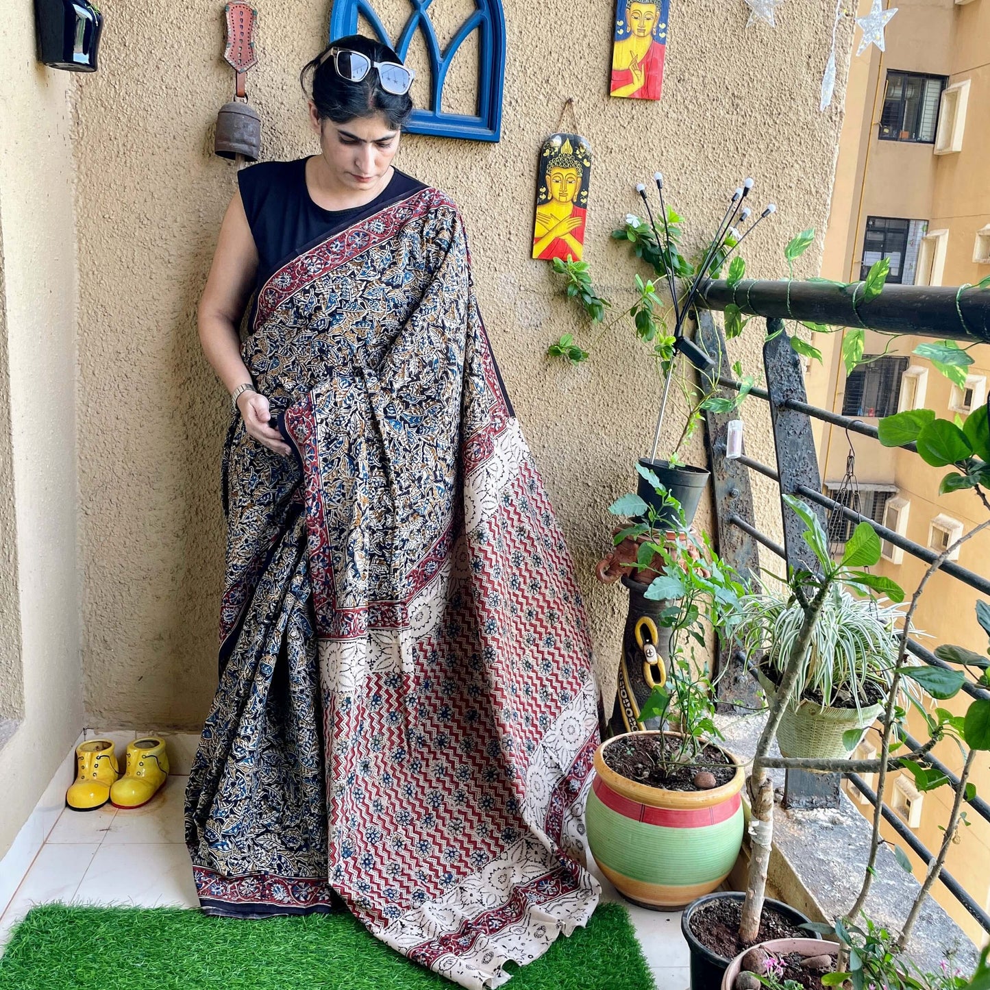 Black leaf block print Cotton sari