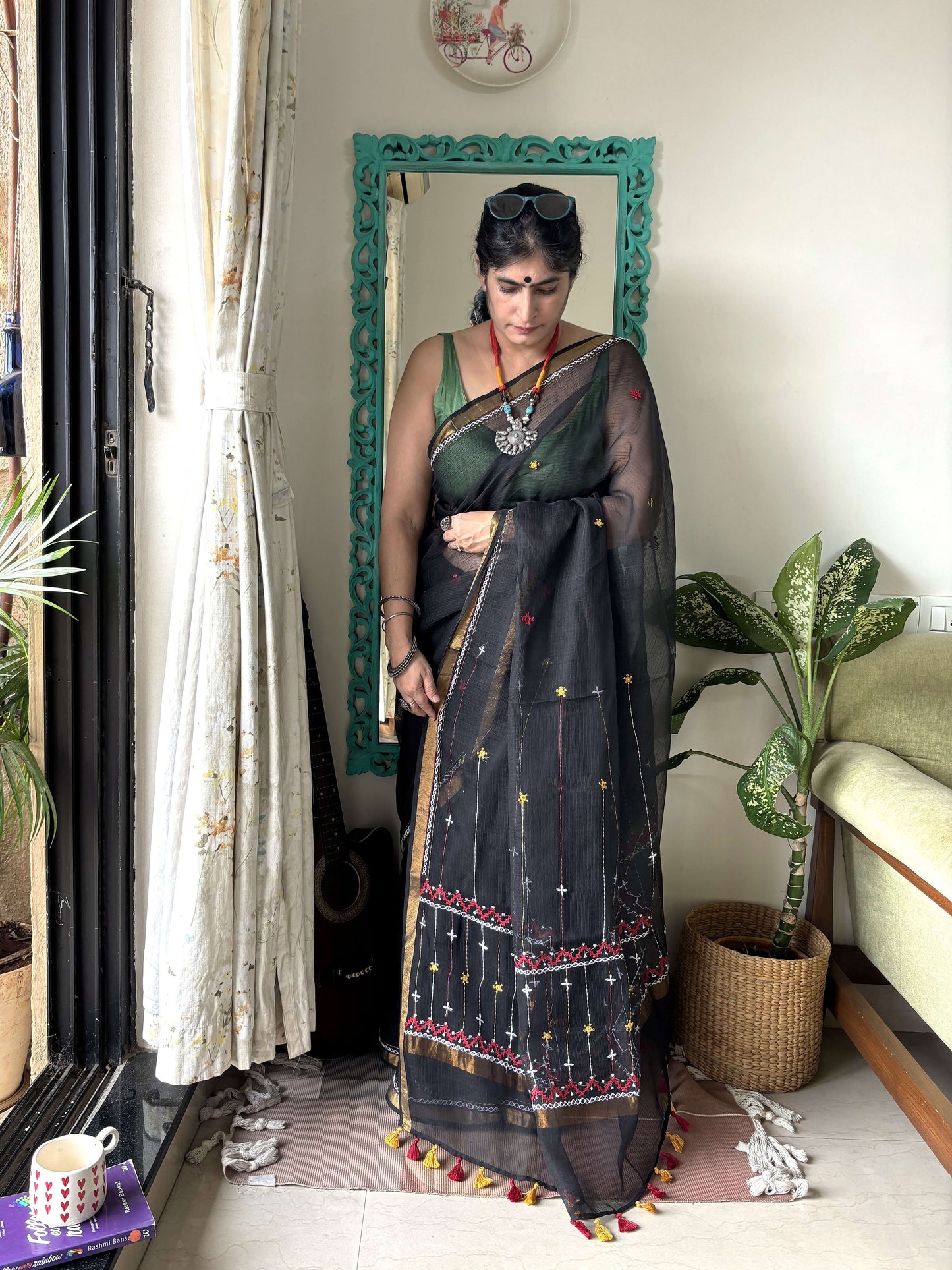 kota cotton handloom saree with hand embroidery 