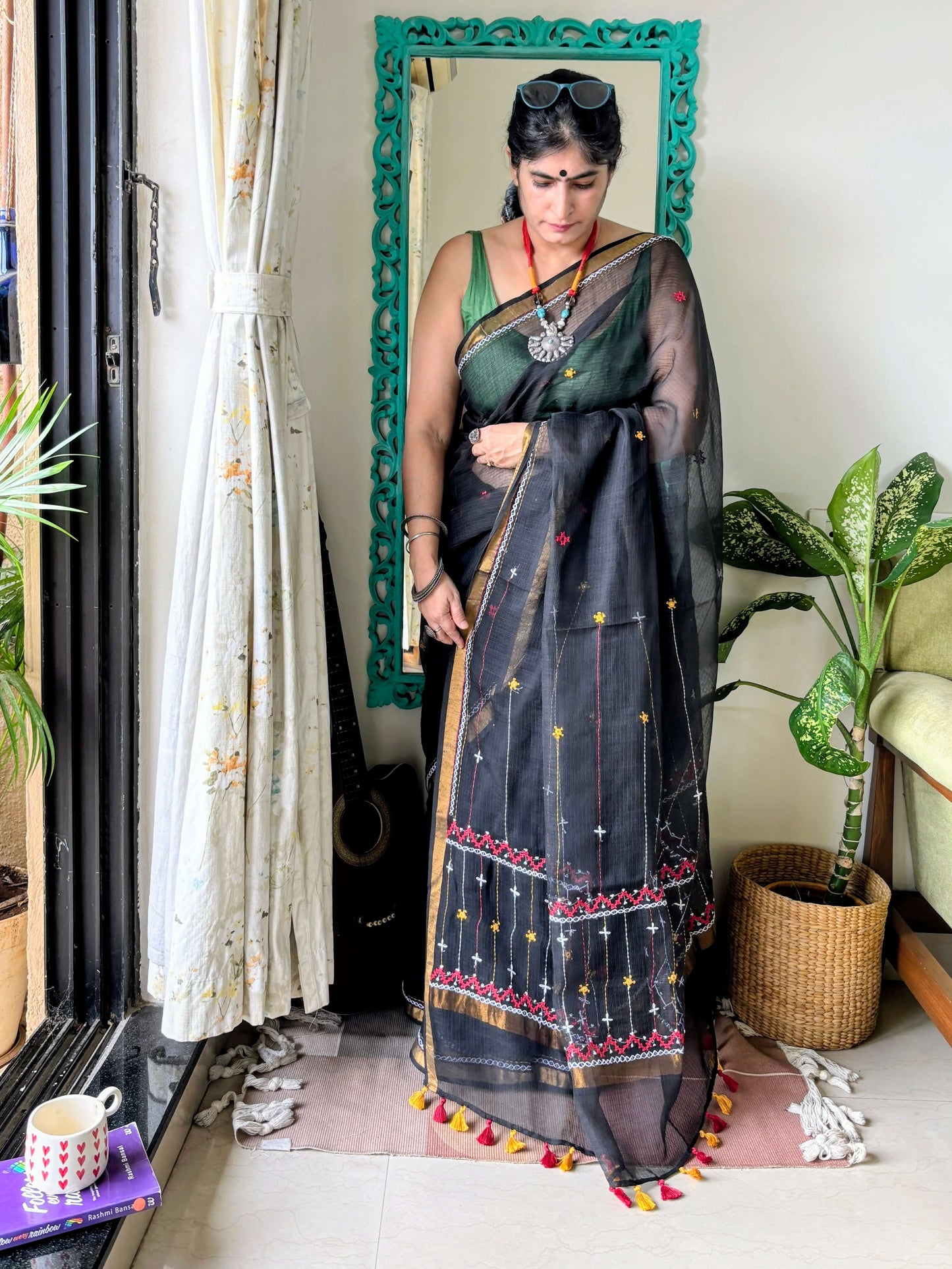 Kohl Black Kota Saree with hand embroidery I Handcrafted