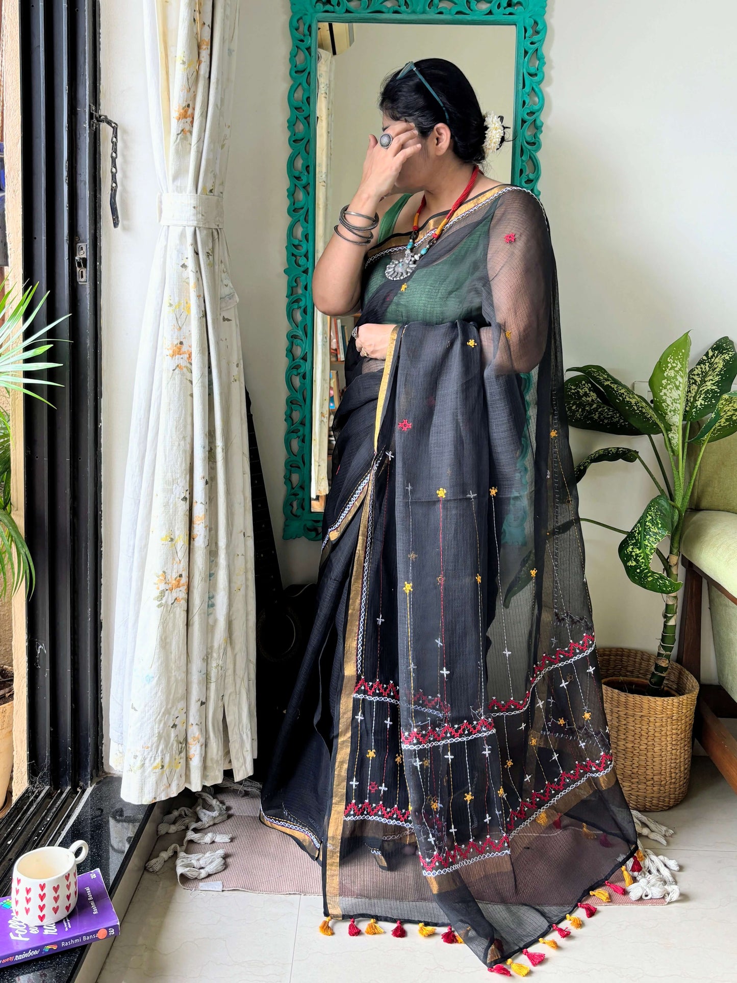 kota cotton handloom saree with hand embroidery 