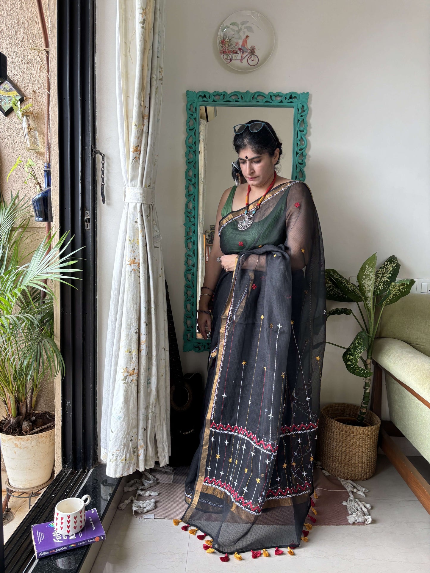 Kohl Black Kota Saree with hand embroidery I Handcrafted