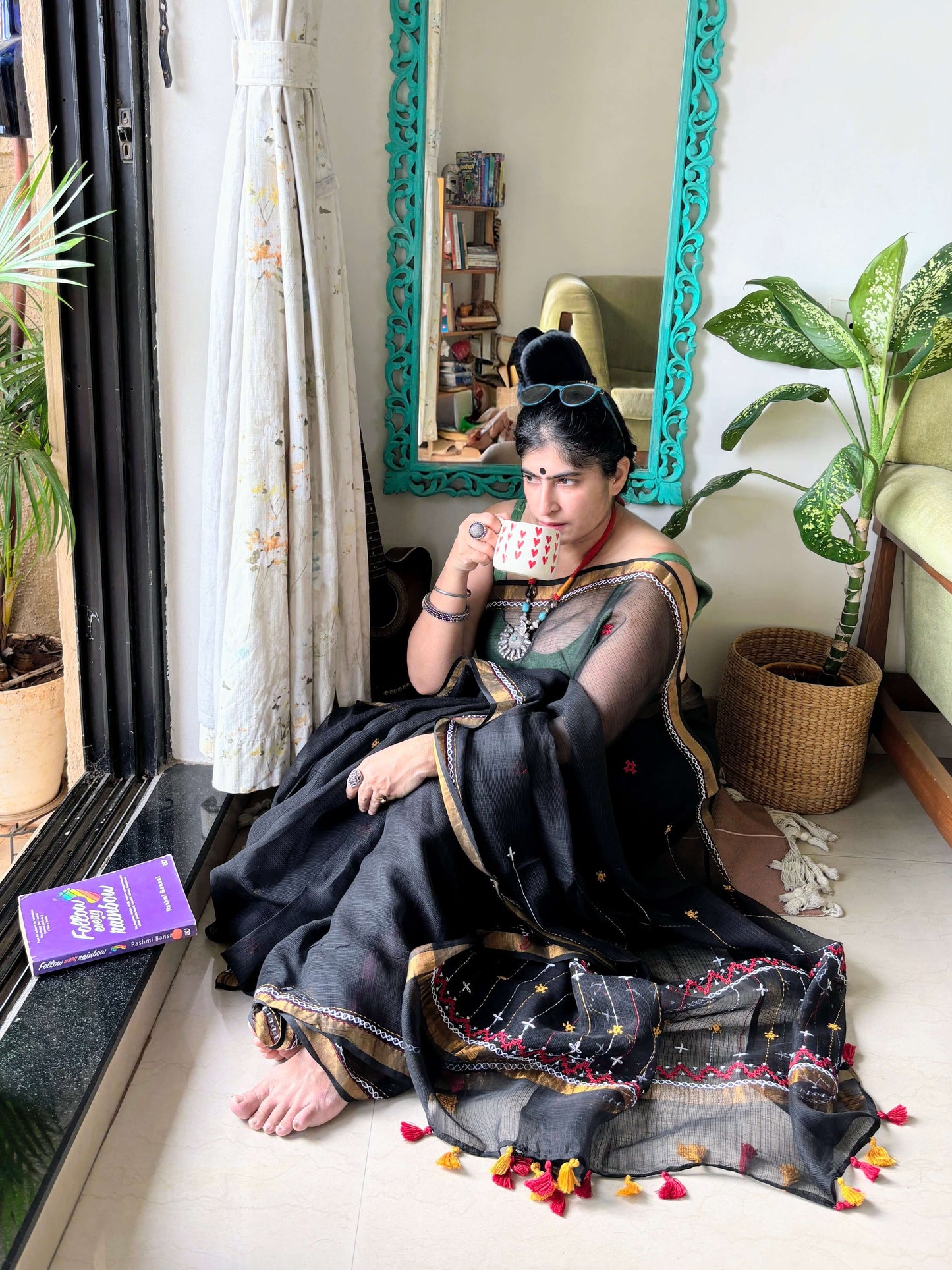 kota cotton handloom saree with hand embroidery 