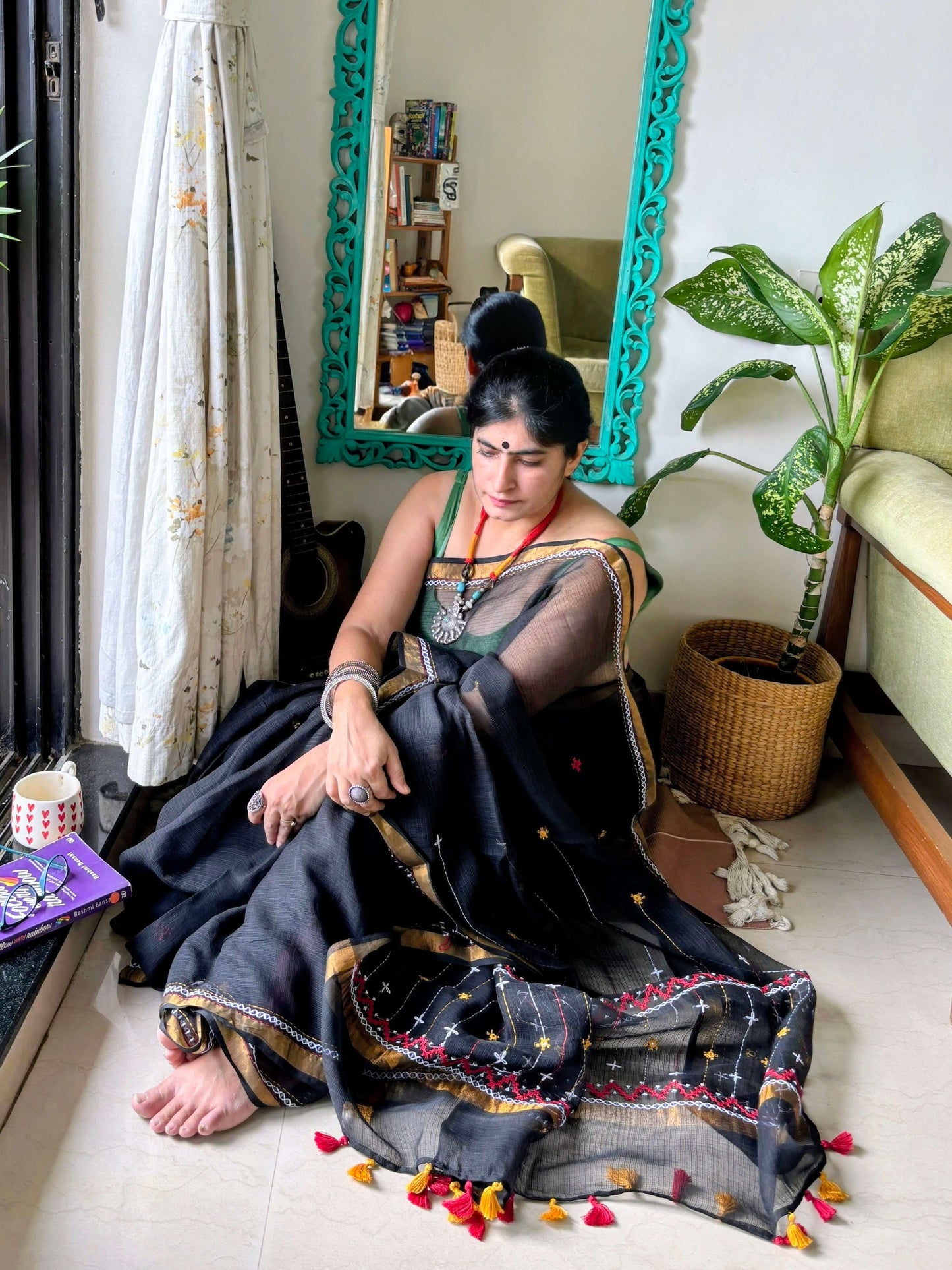 kota cotton handloom saree with hand embroidery 
