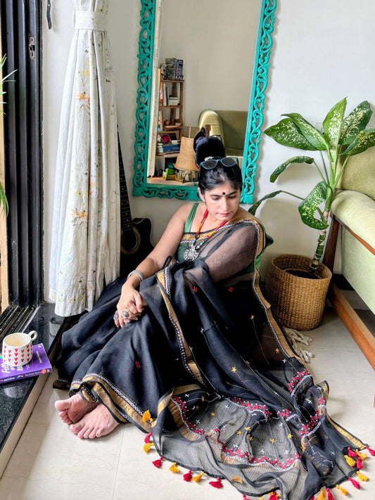 Kohl Black Kota Saree with hand embroidery I Handcrafted