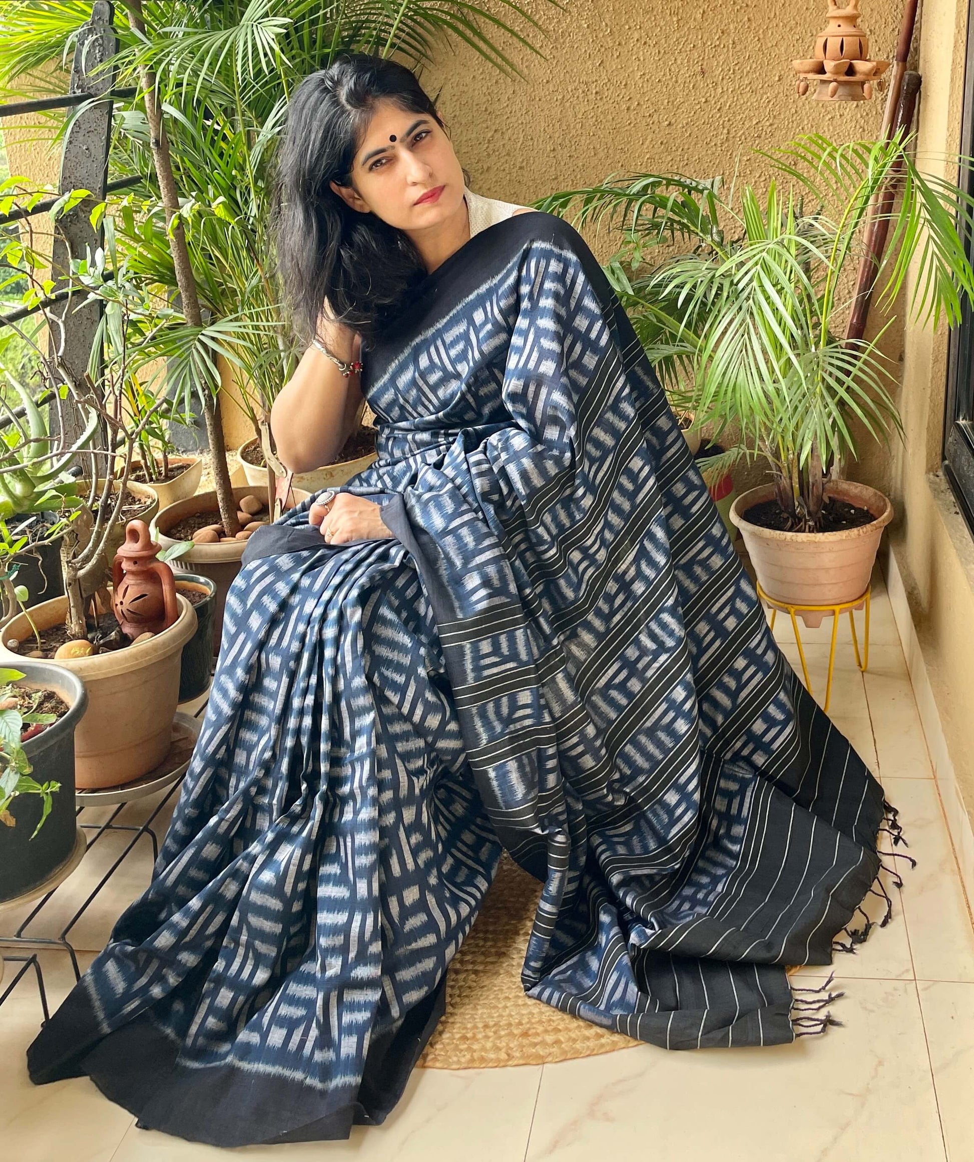 Black and Blue Bandha Ikat Cotton Saree – For Sarees