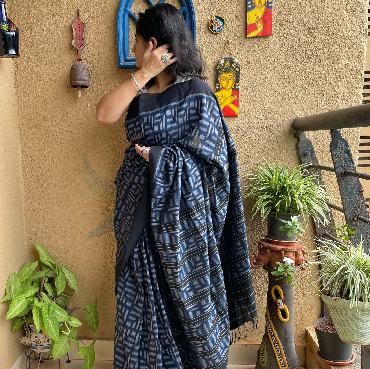 Black and Blue Bandha Ikat Cotton Saree