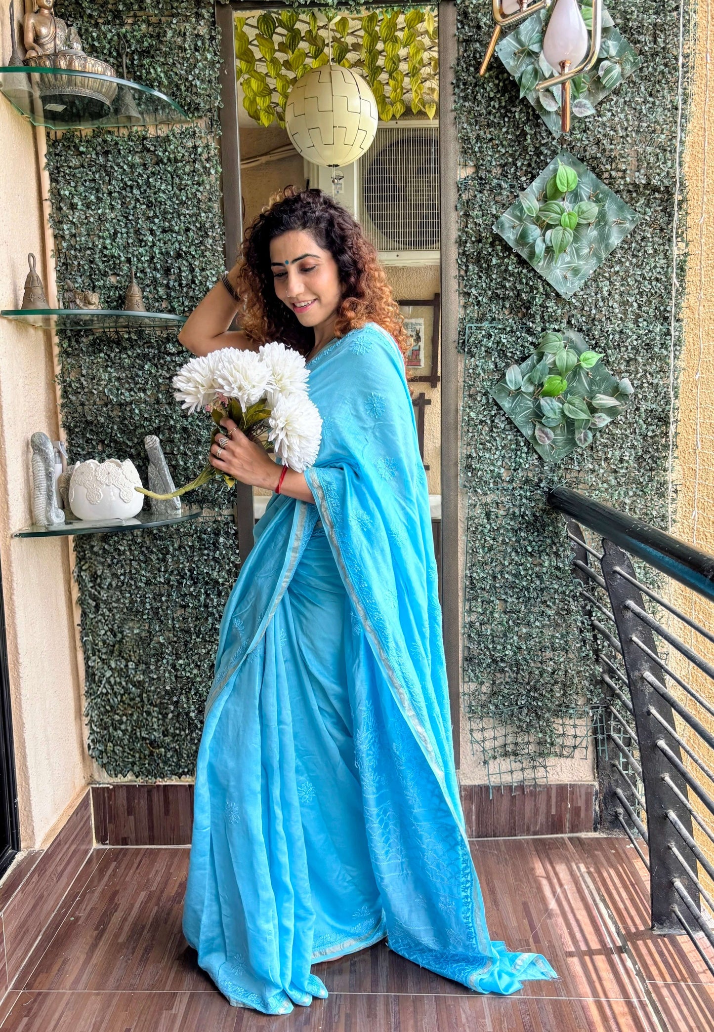 Sky blue chikankari Saree I Handcrafted
