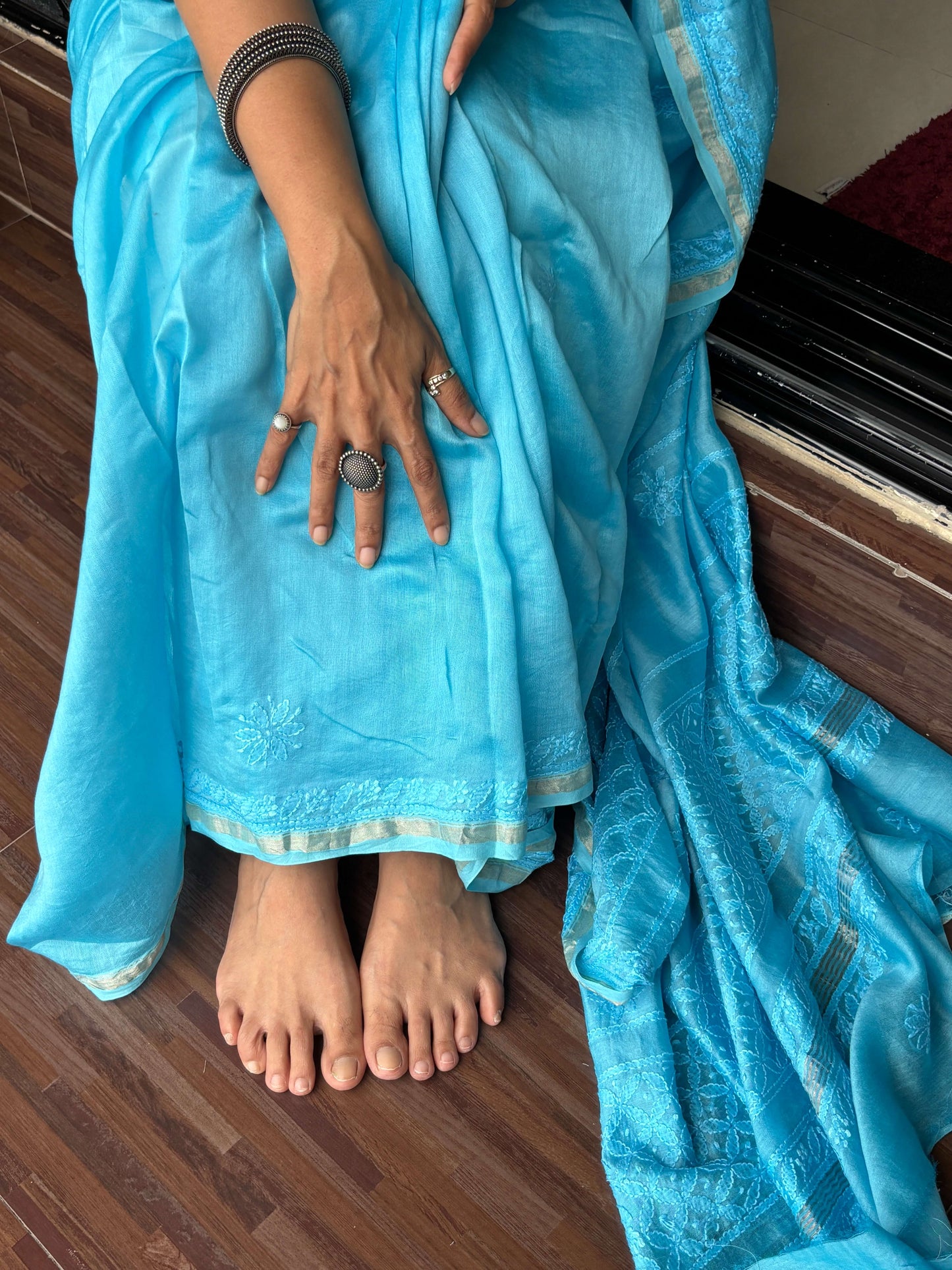 Sky blue chikankari Saree I Handcrafted