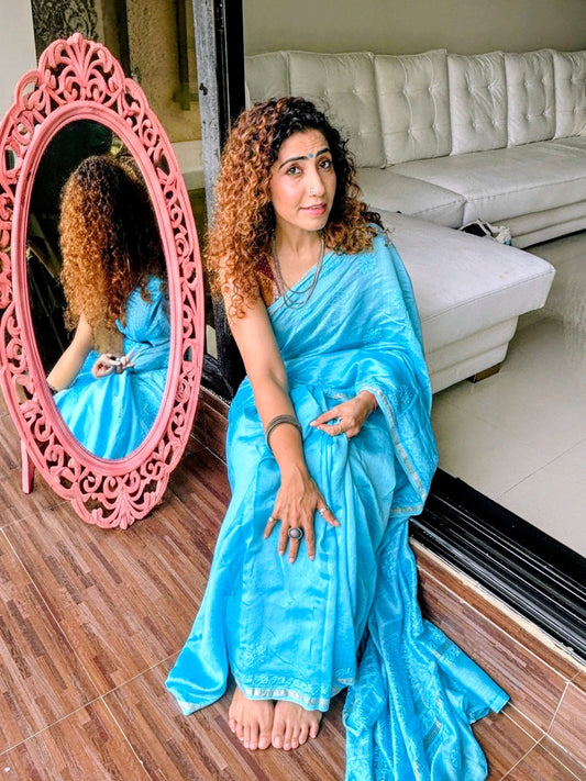 sky blue turquoise chanderi hancrafted authentic chikankari