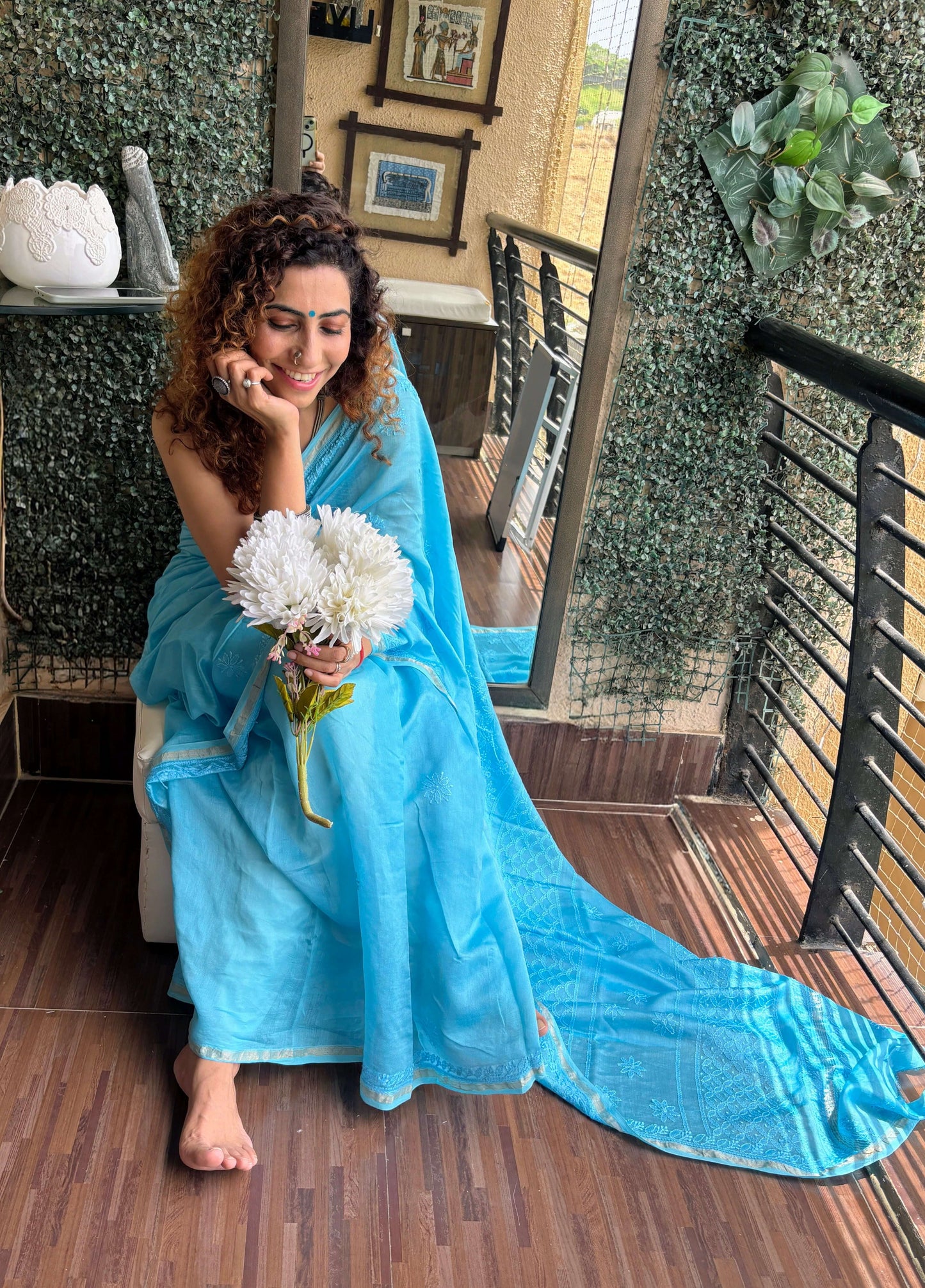 Sky blue chikankari Saree I Handcrafted
