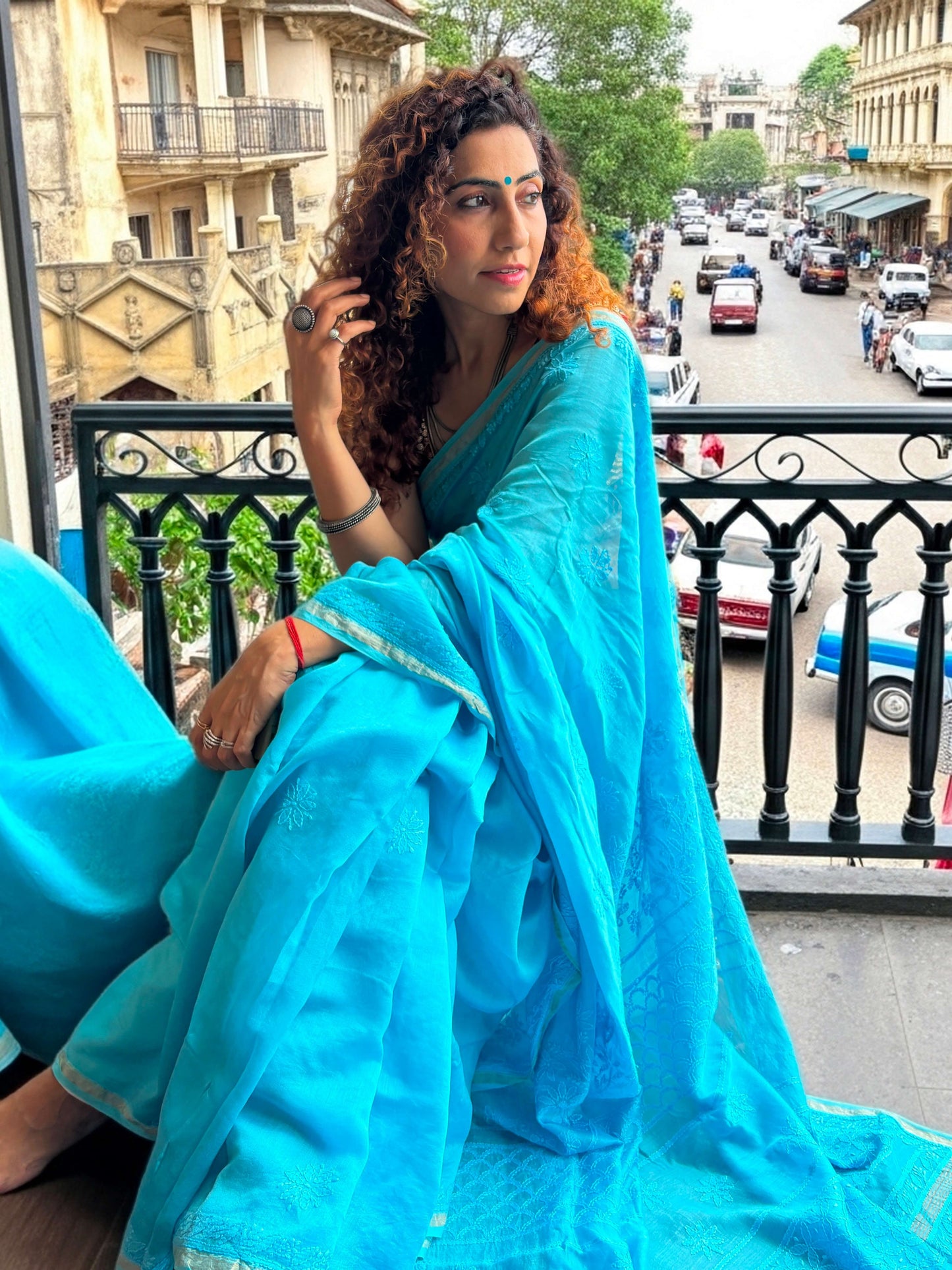 Sky blue chikankari Saree I Handcrafted