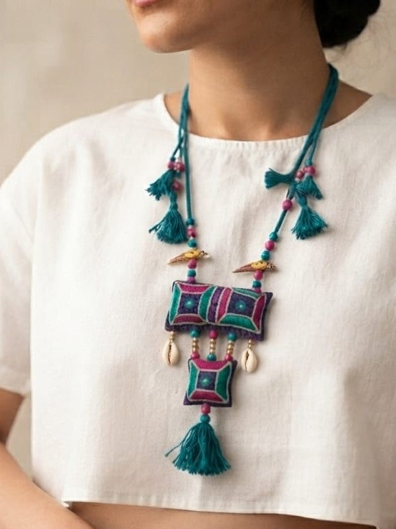 Sky blue Embroidered Fabric necklace I Handcrafted