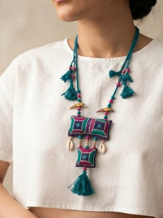 Sky blue Embroidered Fabric necklace I Handcrafted