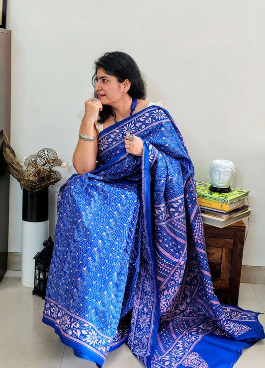Blue Silk with Kantha Stitch