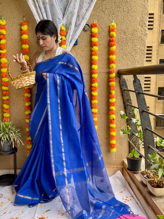 Blue maheshwari cotton silk saree with zari 